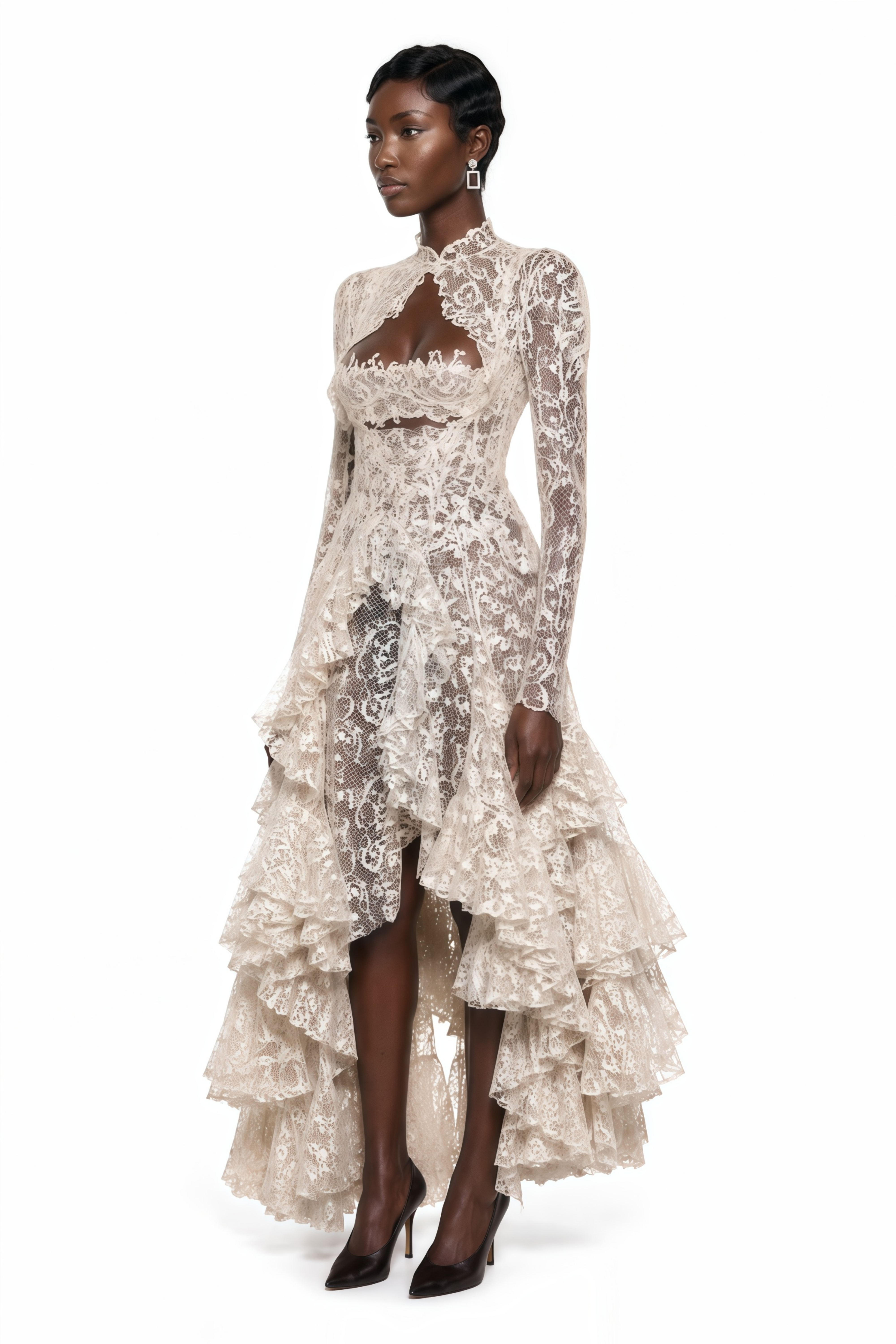 Mariella Ivory Asymmetrical Floral Lace Midi Dress