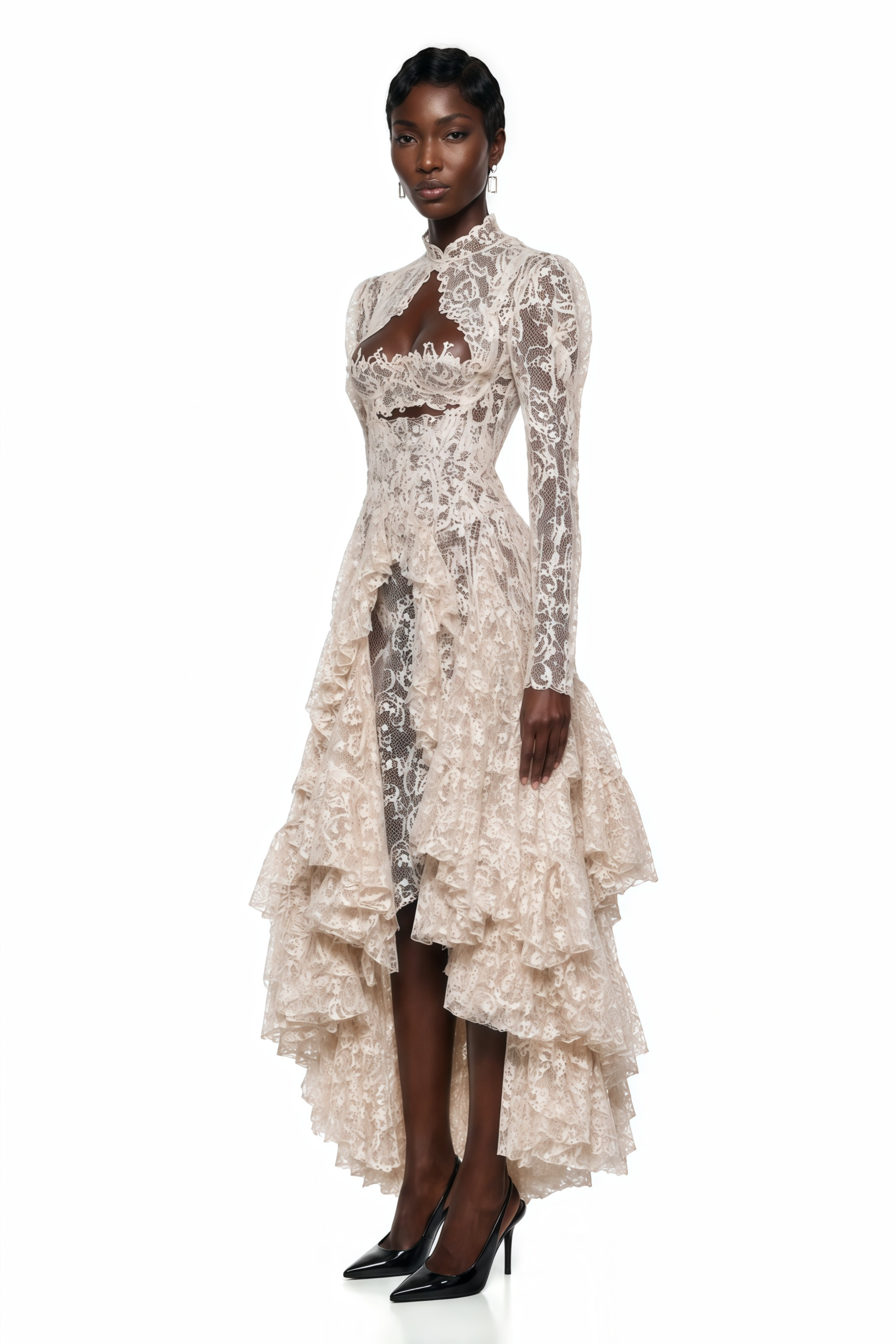 Mariella Ivory Asymmetrical Floral Lace Midi Dress