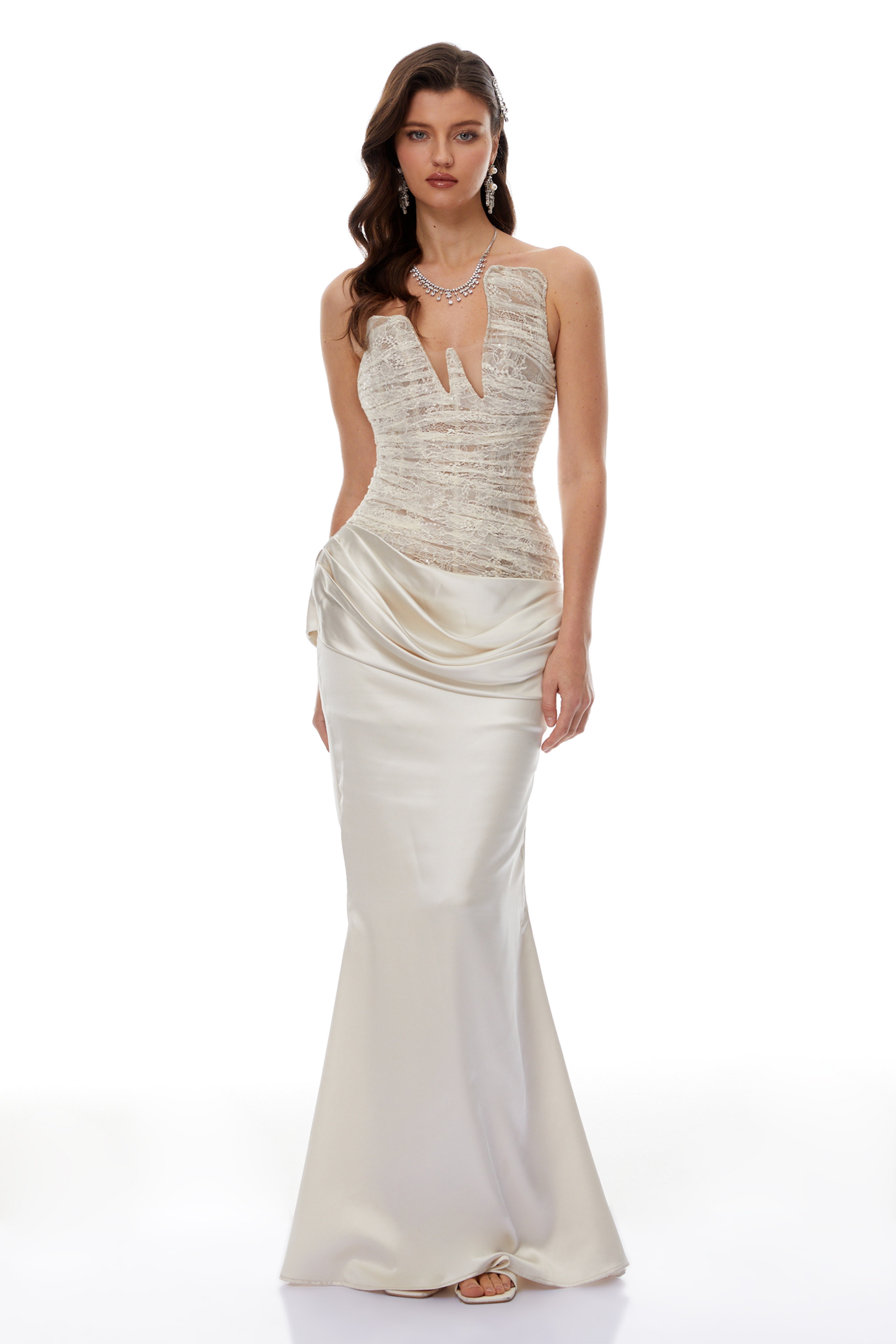 Marietjie Champagne Asymmetrical Maxi Dress with Satin Panels