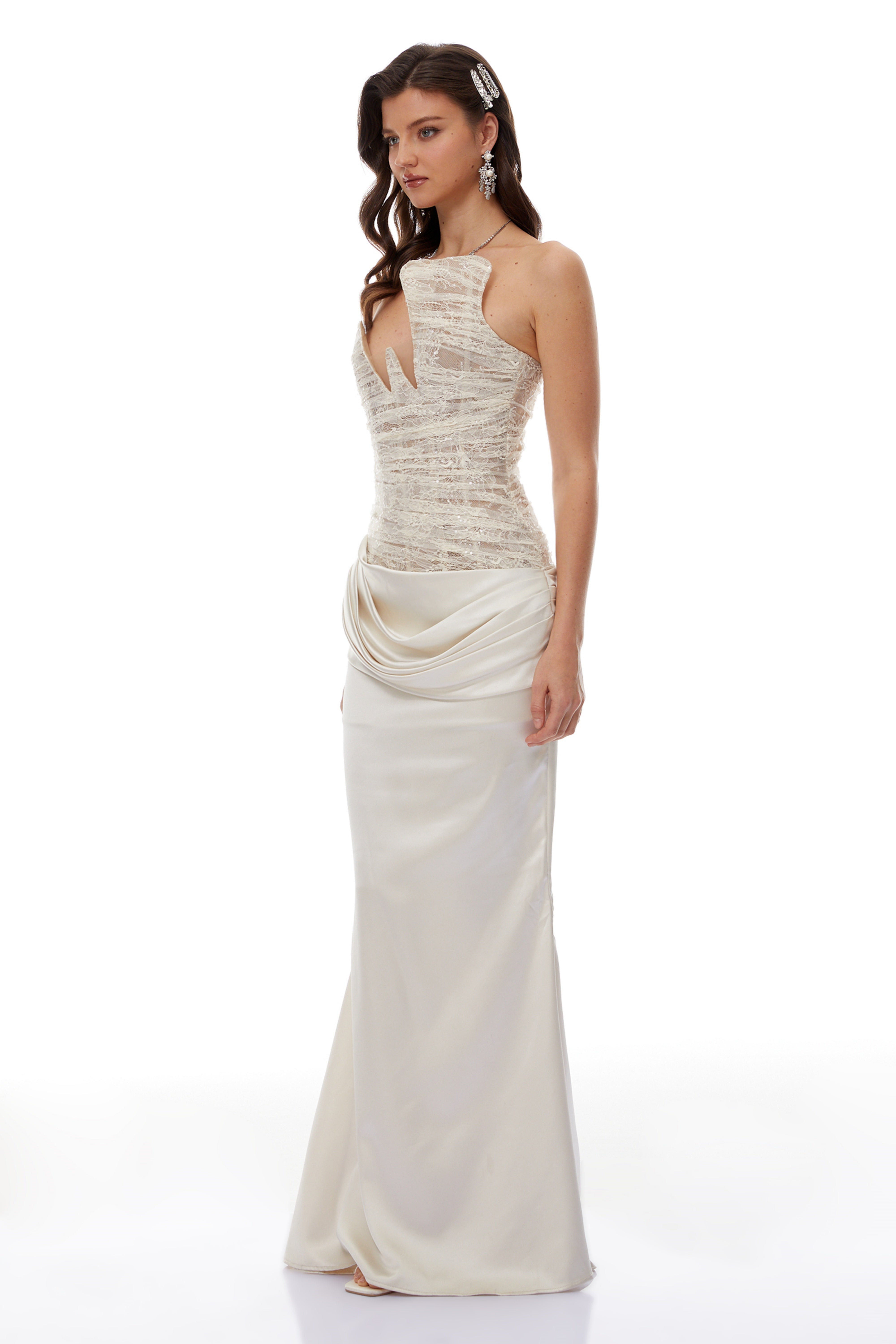 Marietjie Champagne Asymmetrical Maxi Dress with Satin Panels