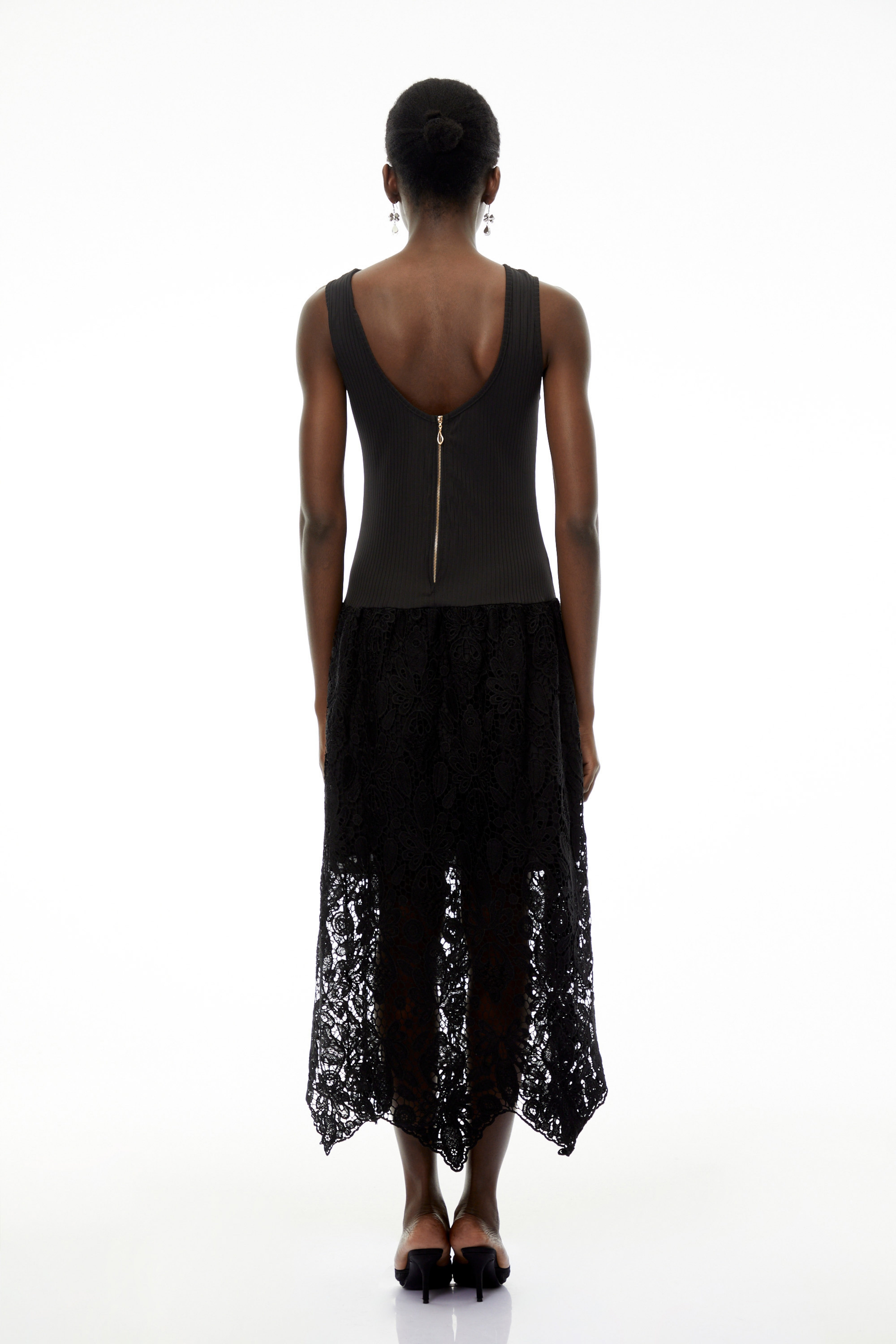 Marion Black Textured Knit Midi Dress with Lace
