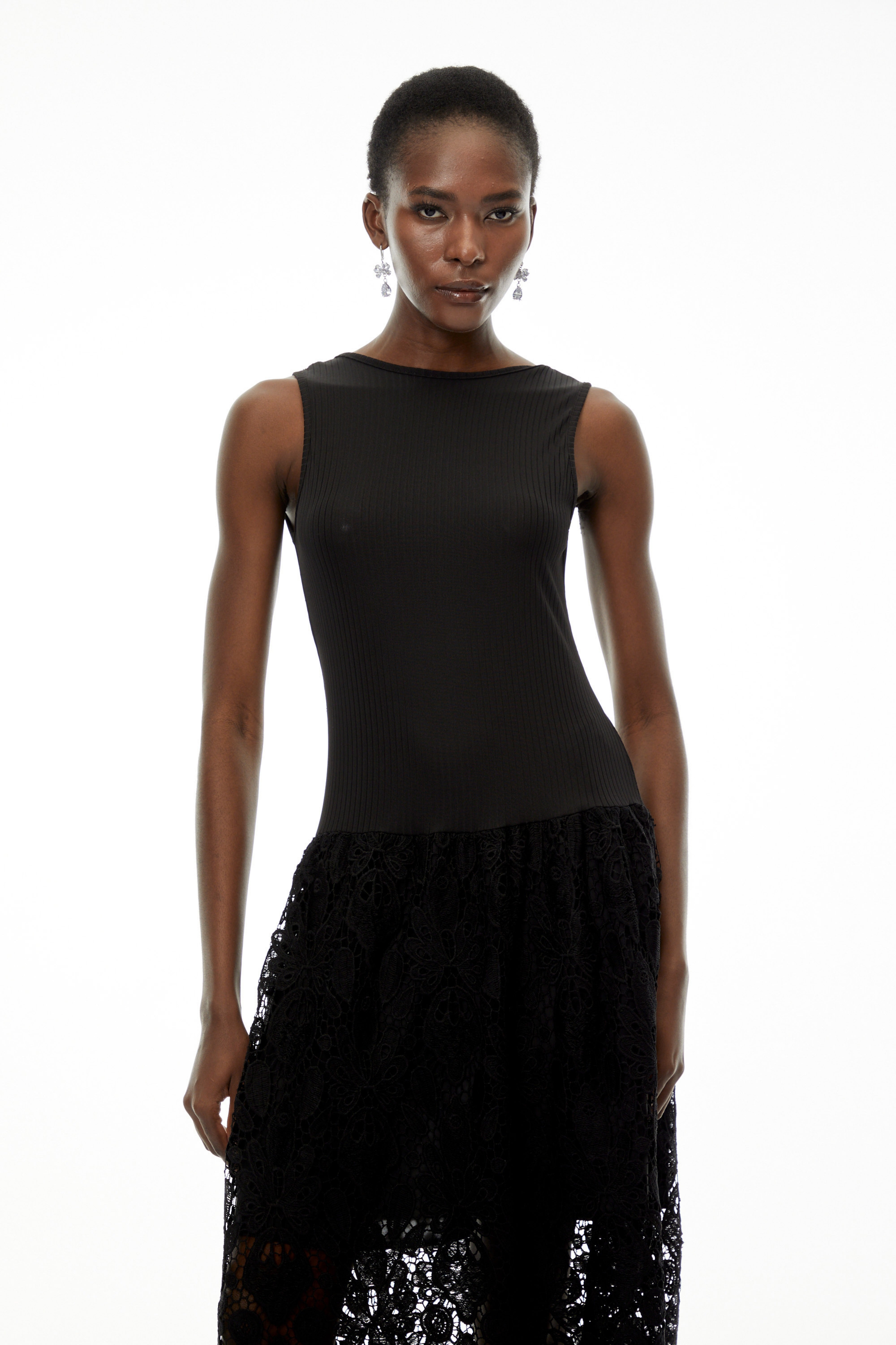 Marion Black Textured Knit Midi Dress with Lace