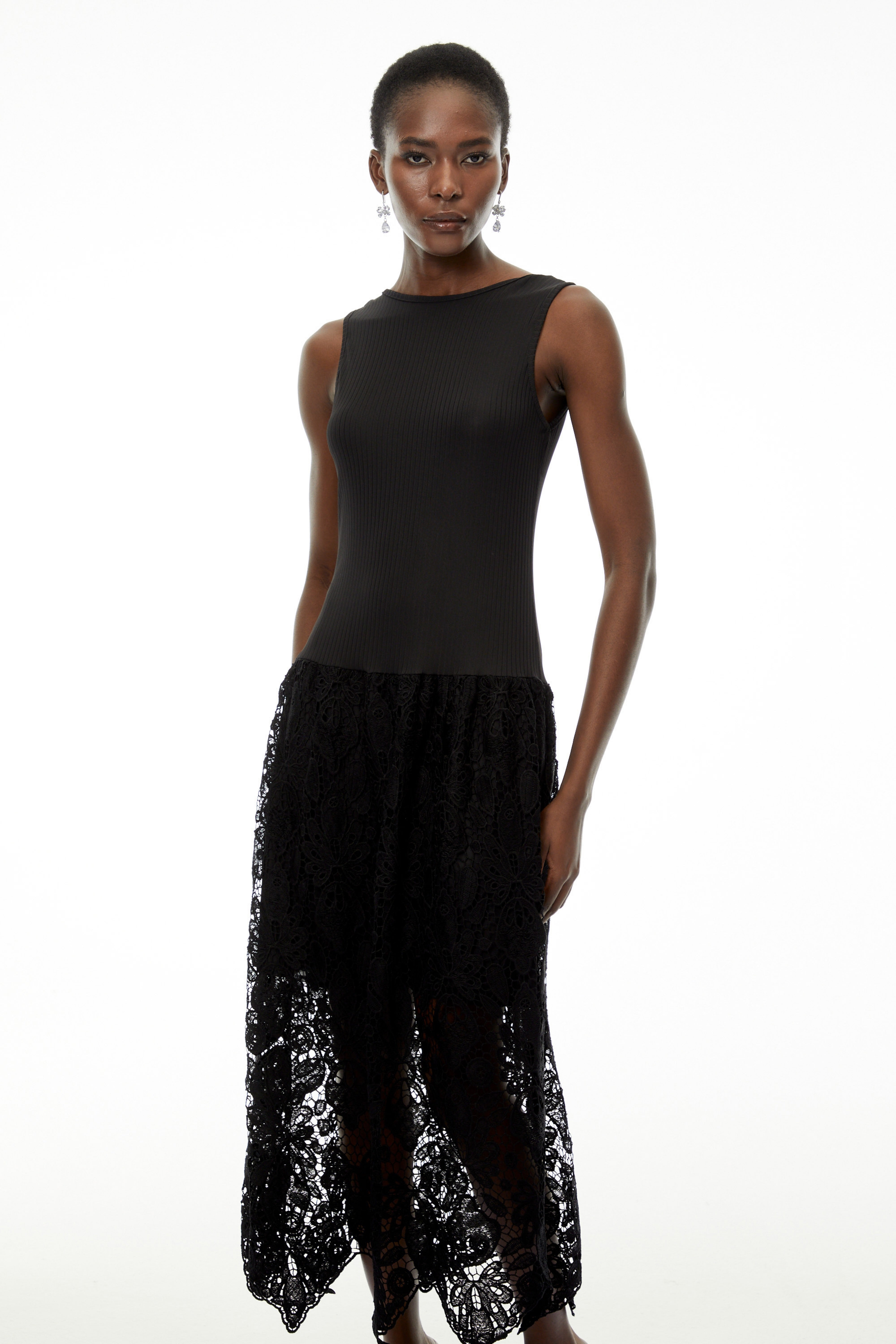 Marion Black Textured Knit Midi Dress with Lace