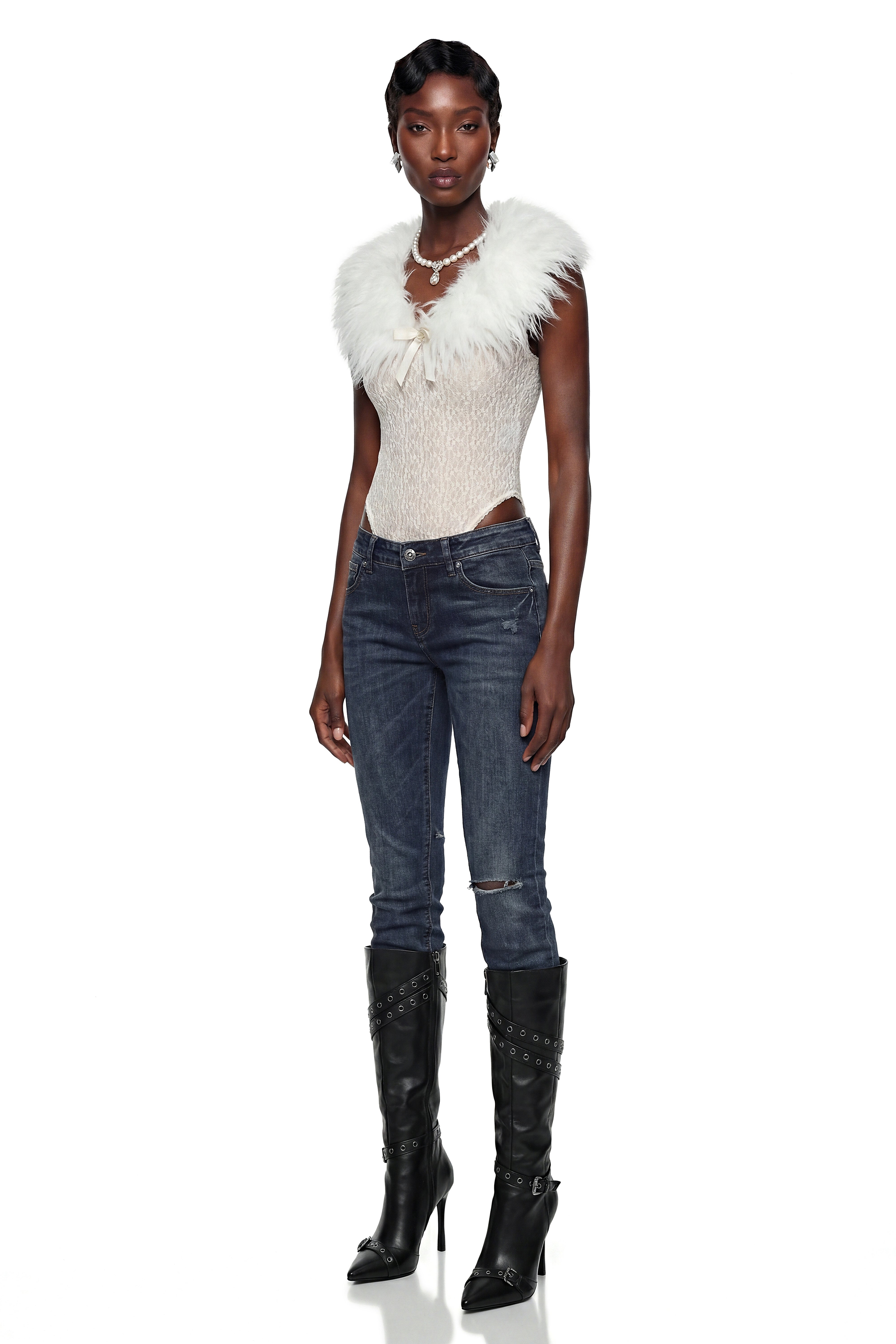 Iratxe White Lace Bodysuit with Feather Collar
