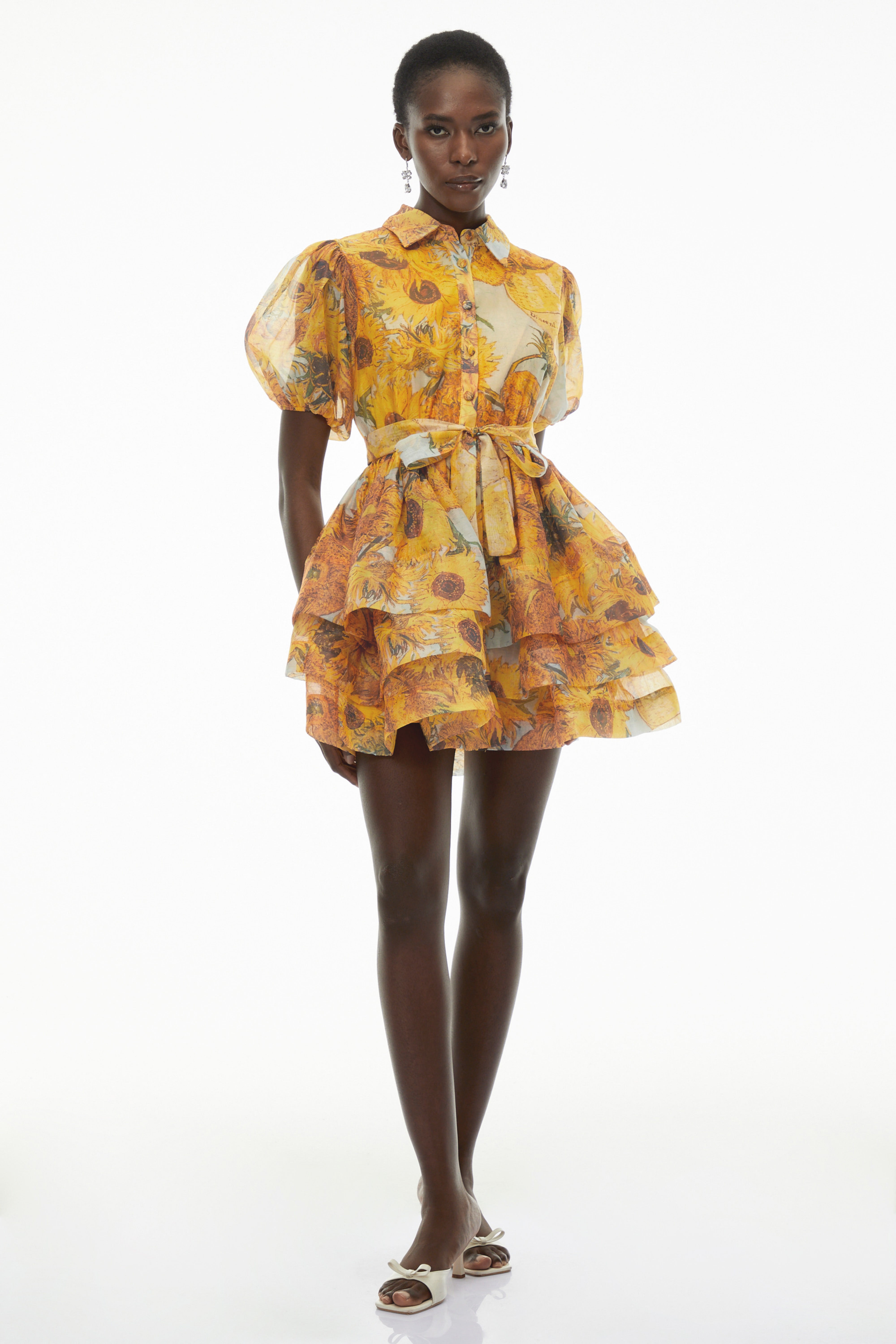 Marisa Yellow Floral Print Tiered Mini Dress