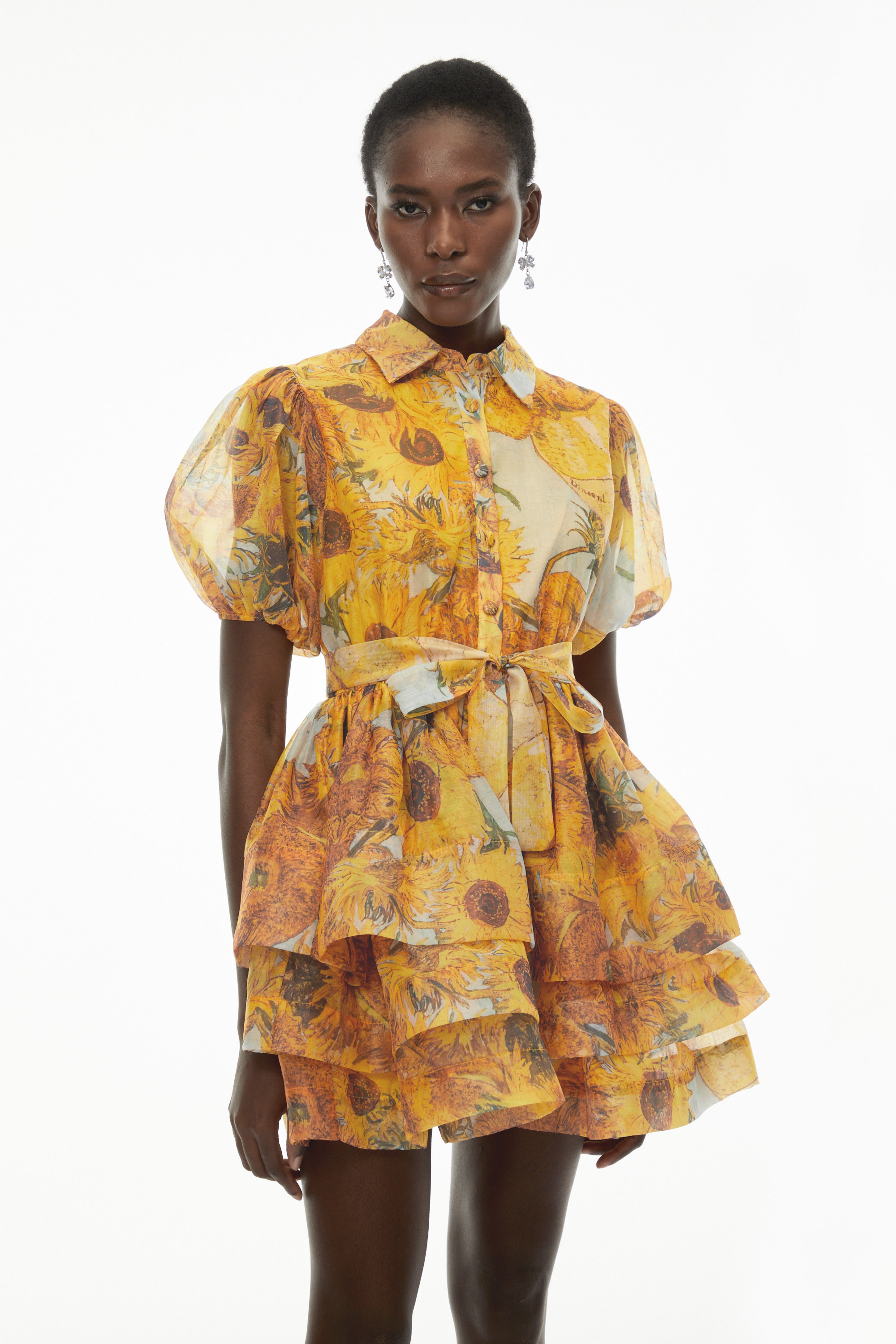 Marisa Yellow Floral Print Tiered Mini Dress