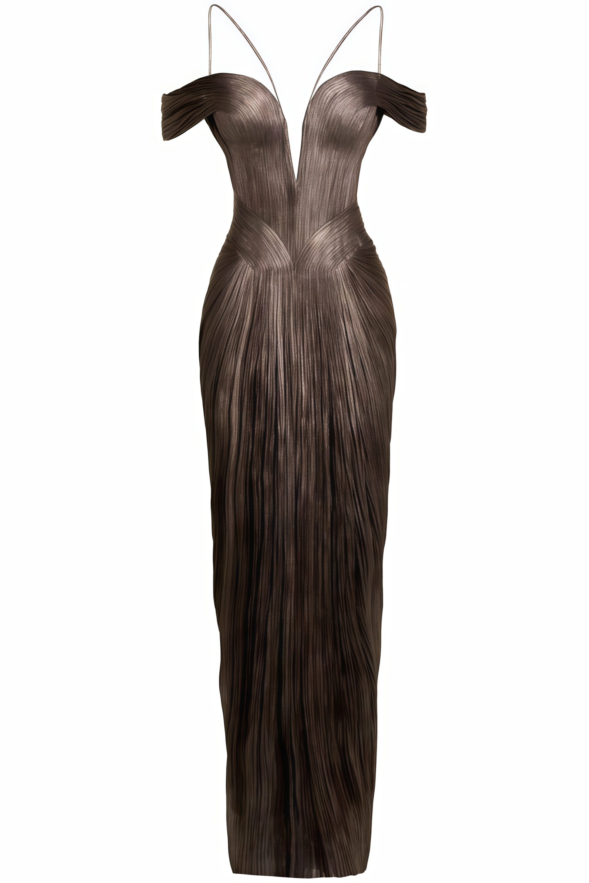 Plunging Off-Shoulder Plissé Gown