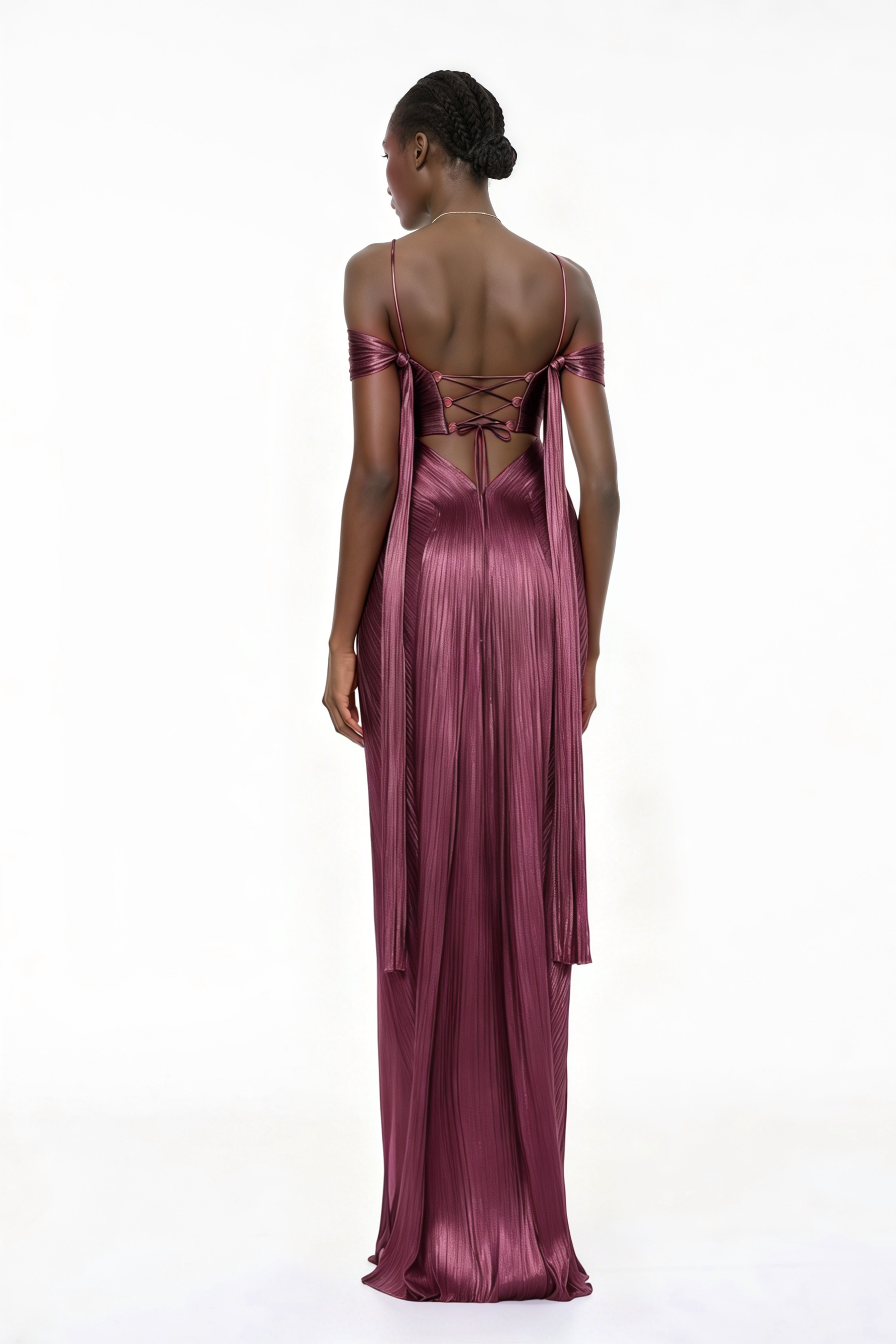 Burgundy metallic pleated maxi dress featuring a plunging V-neckline with off-the-shoulder straps