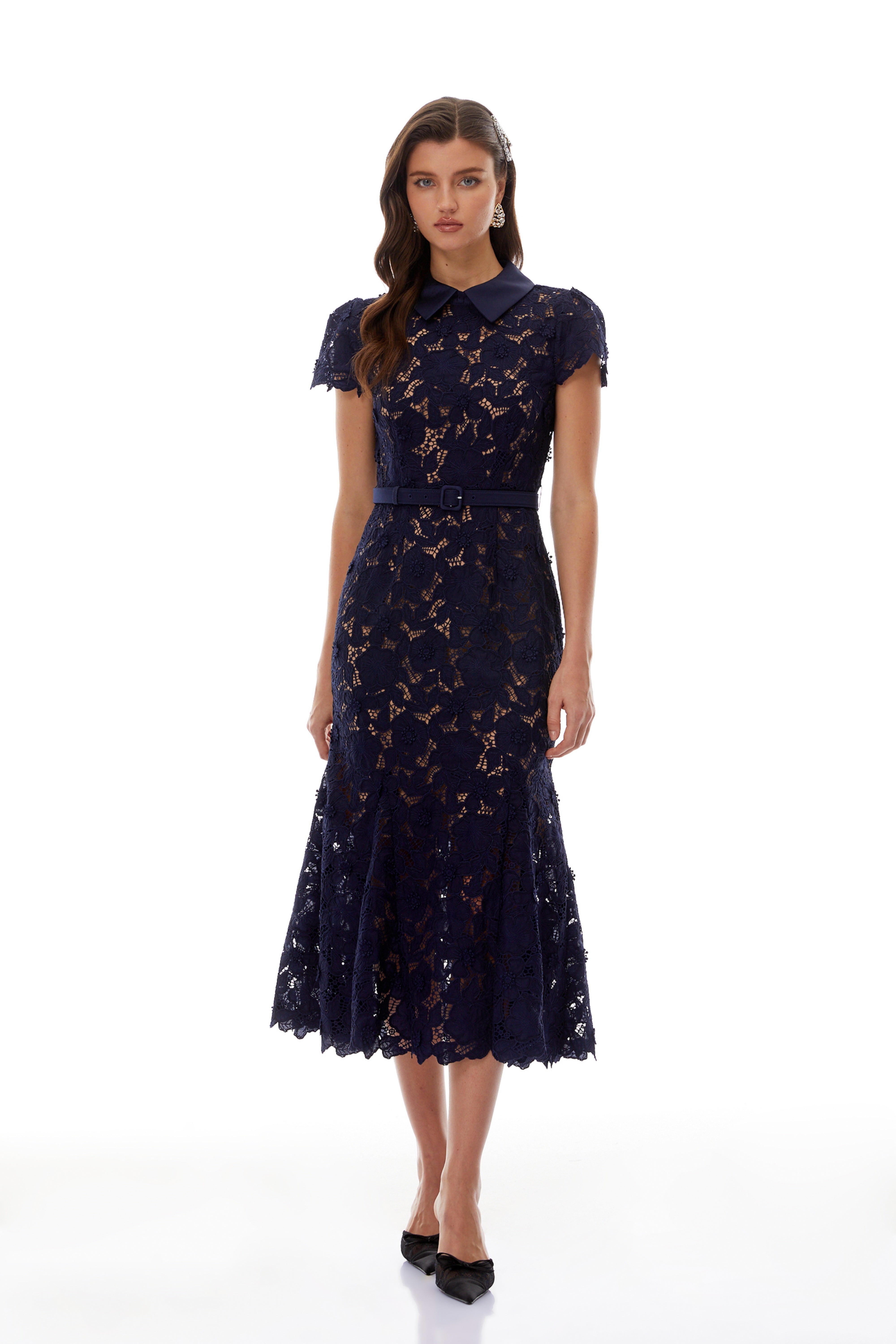 Marlene Navy Blue Floral Lace Midi Dress