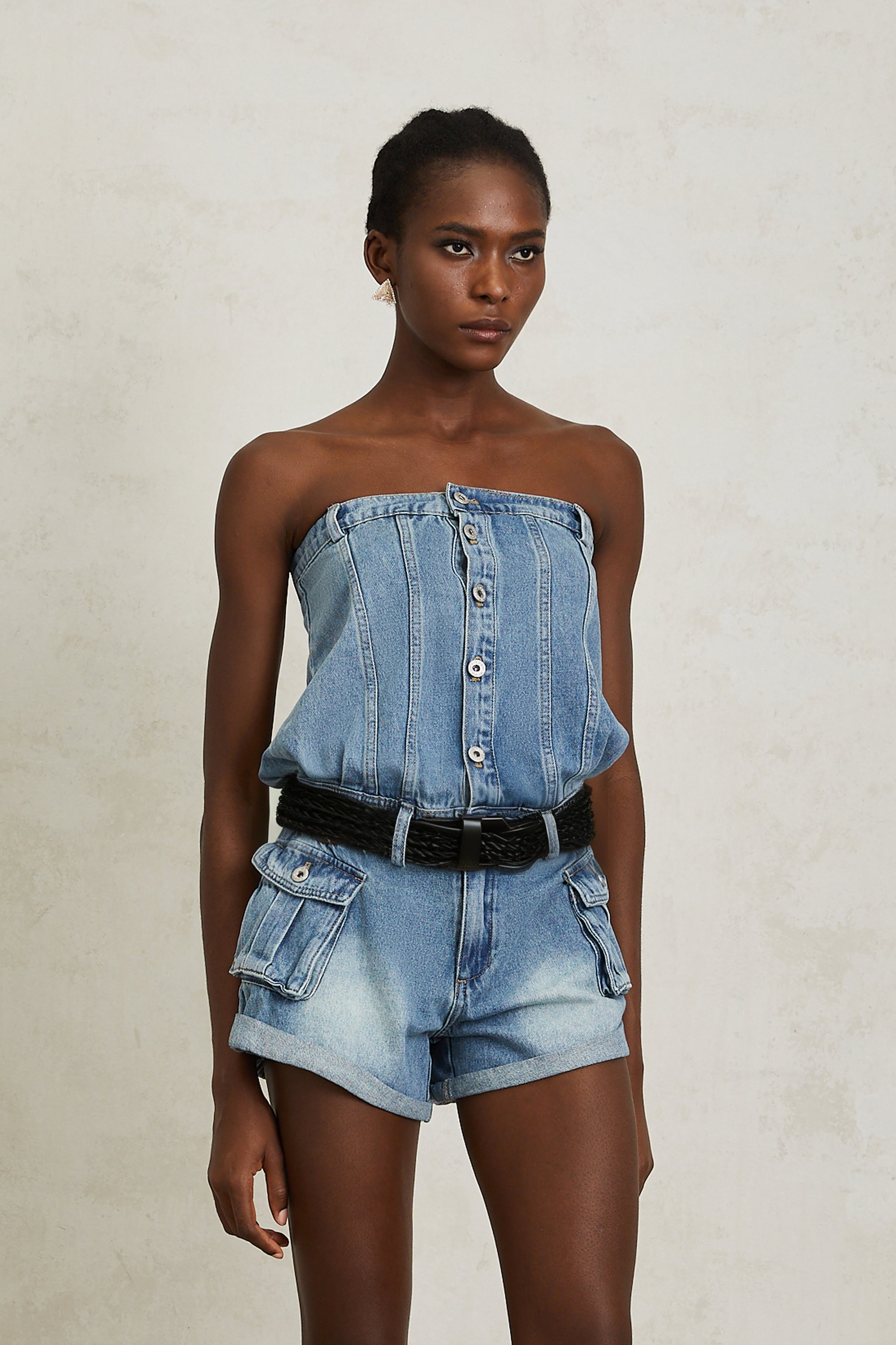 Marta Blue Faded Effect Denim Playsuit