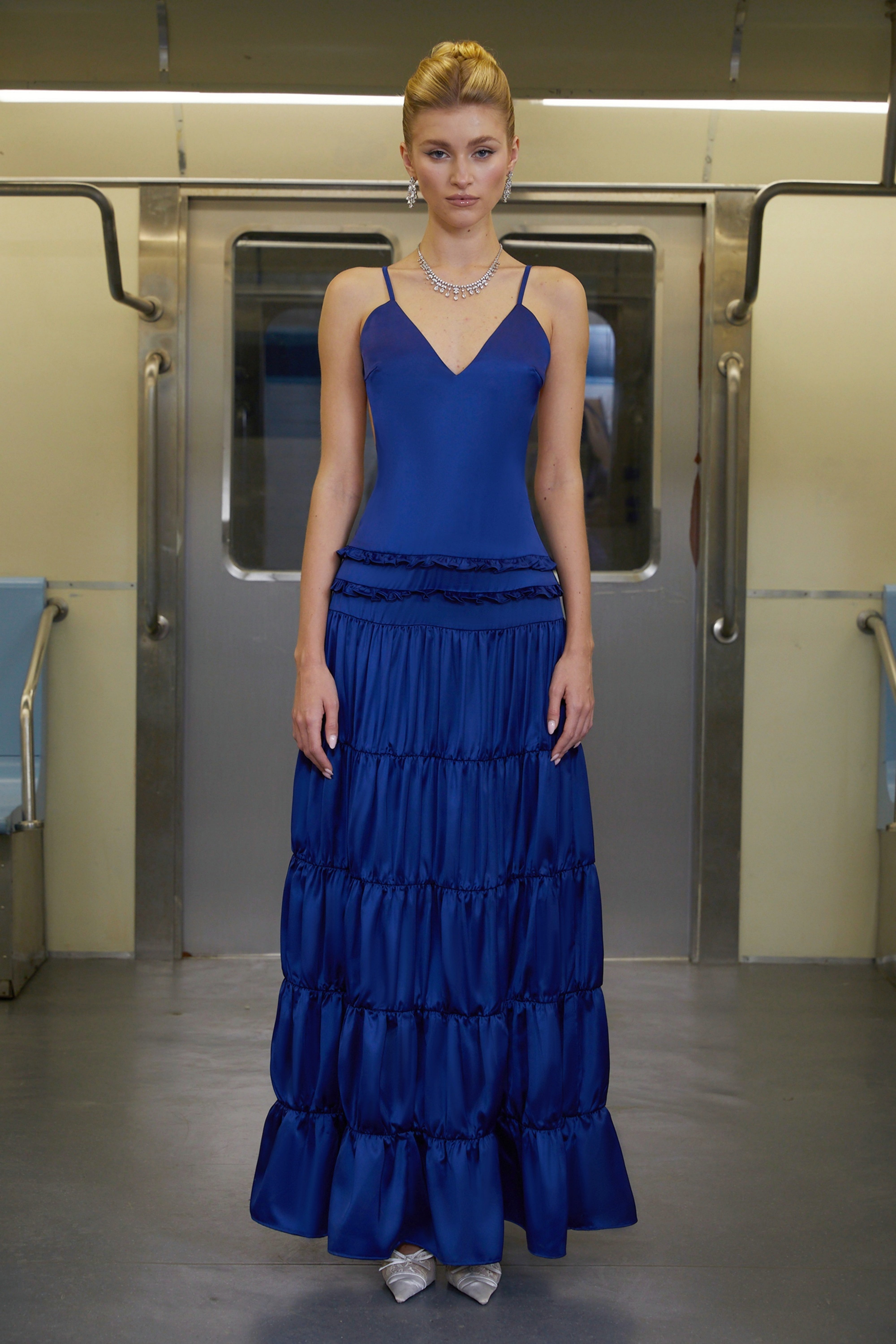 Martina Blue Open Back Tiered Maxi Dress