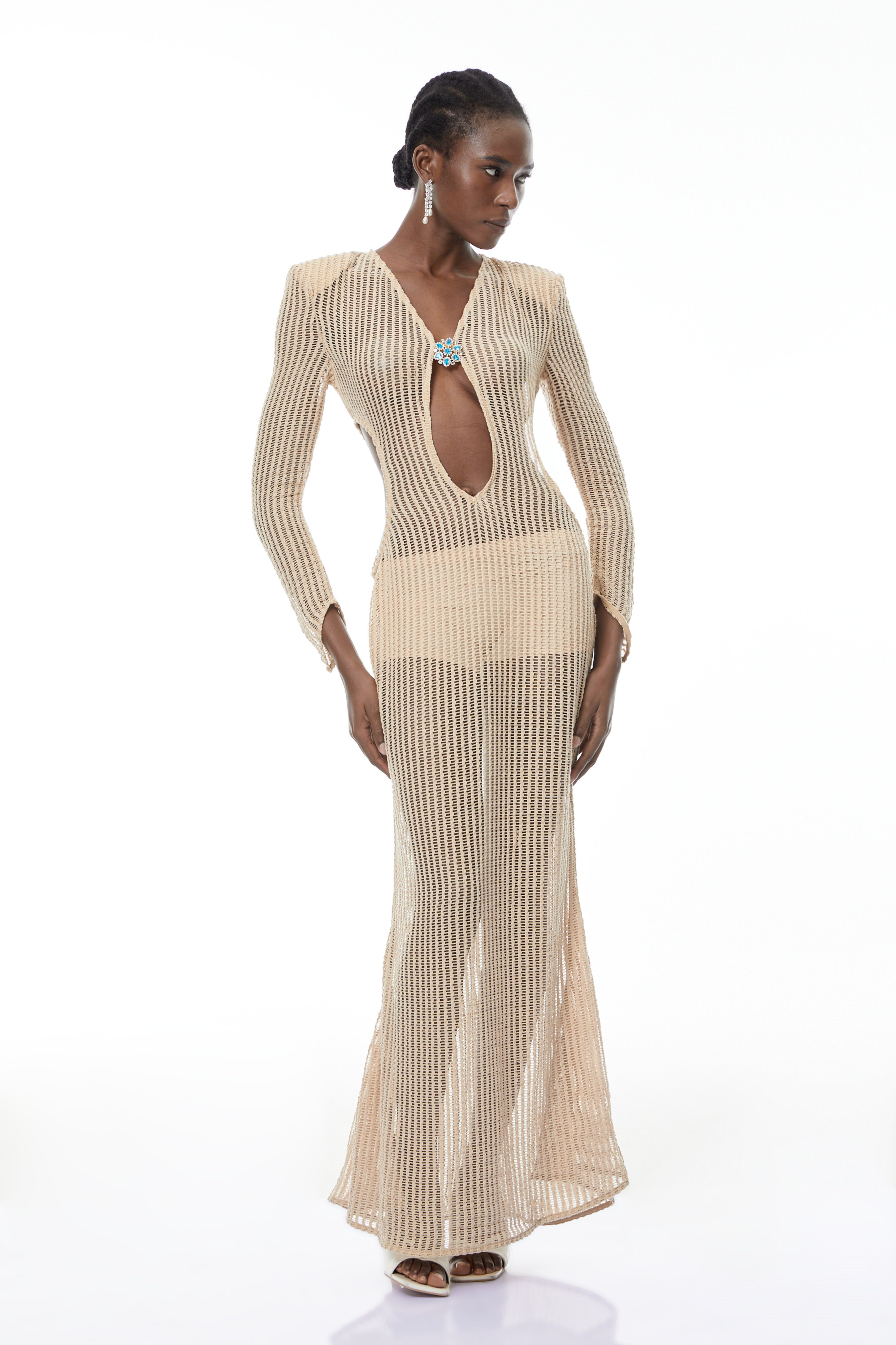 Martina Neutral Crochet Maxi Dress with Cut Out