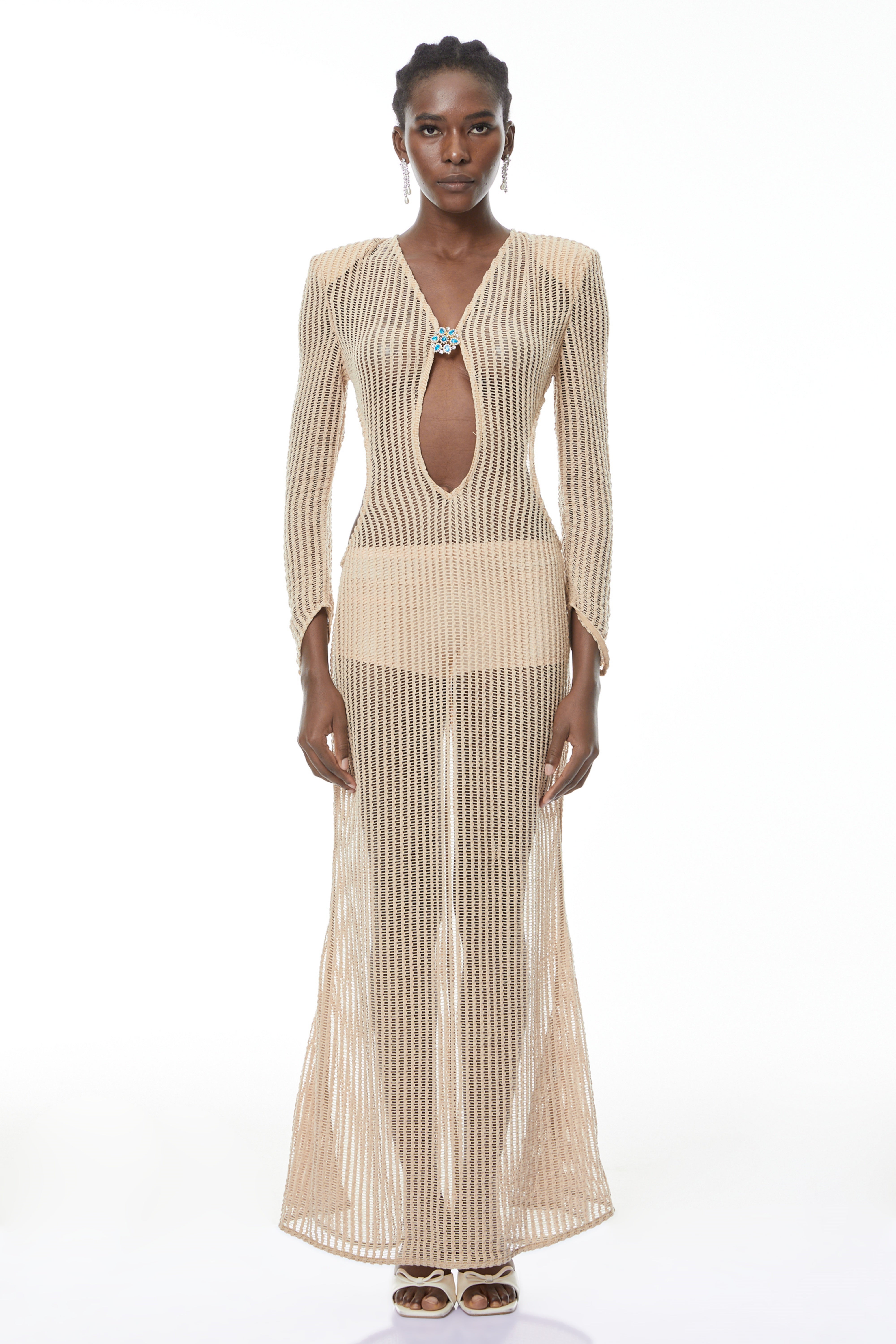 Martina Neutral Crochet Maxi Dress with Cut Out