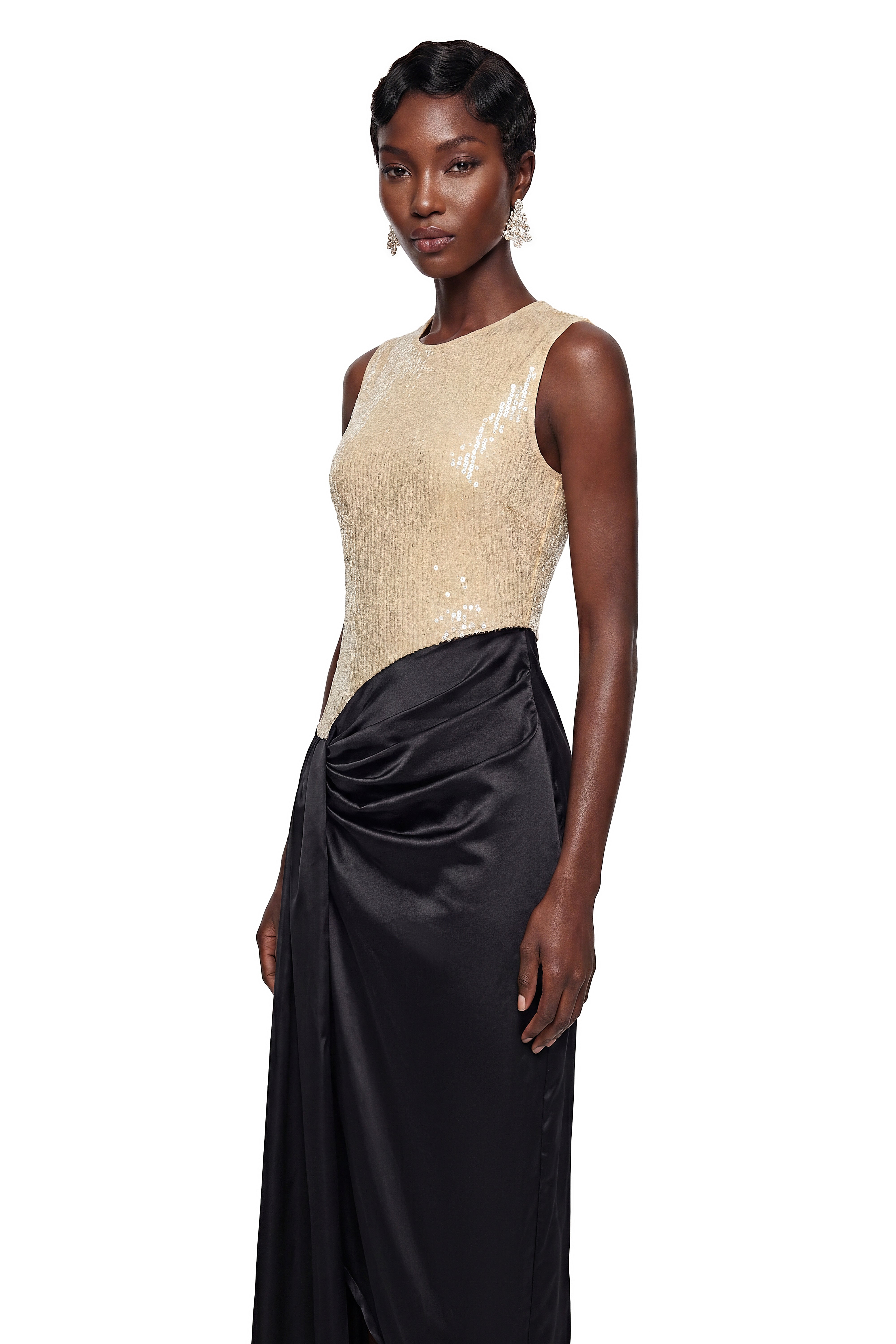 Olivia Cream Sequin Asymmetrical Ruched Maxi Dress