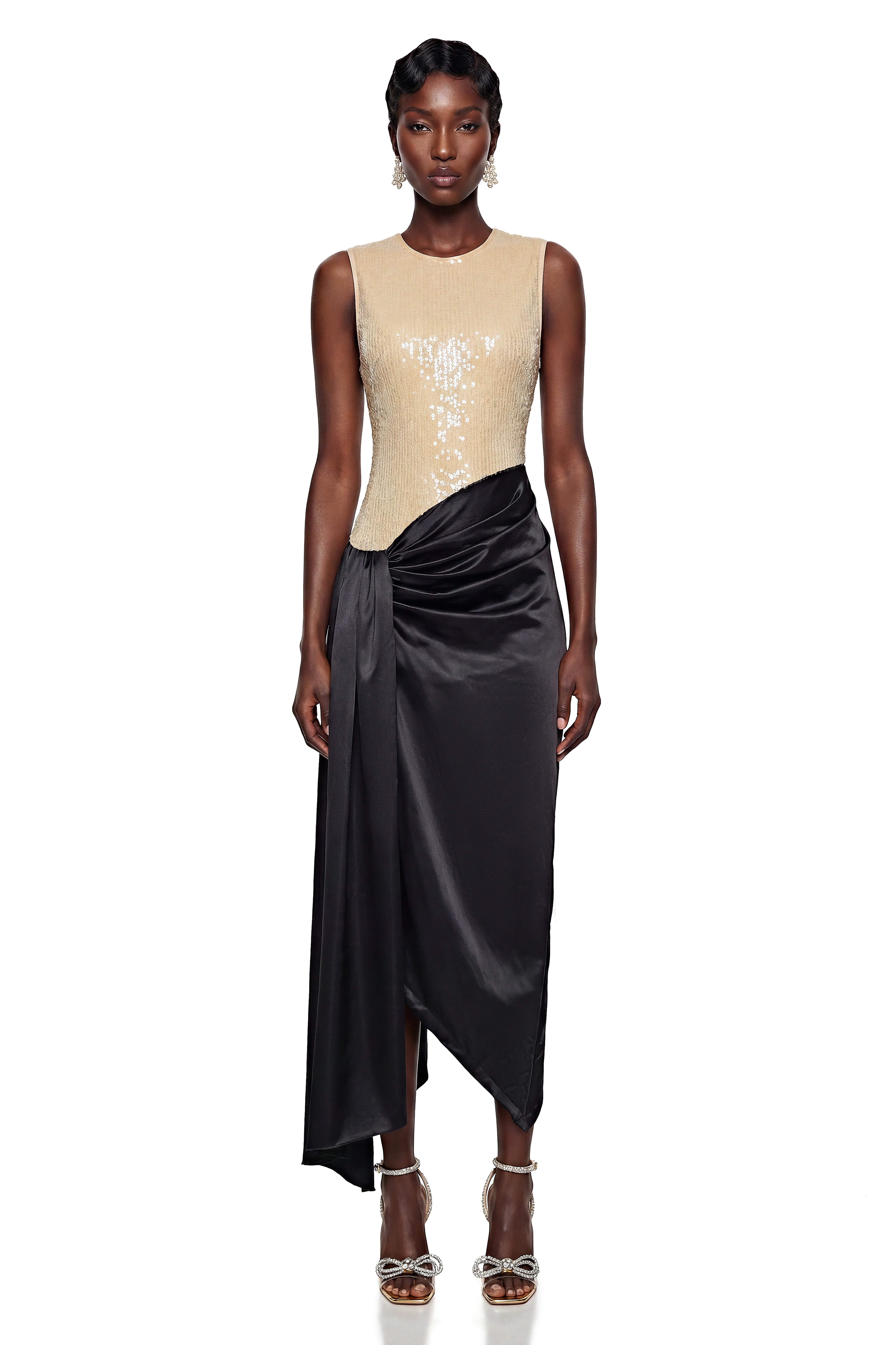 Olivia Cream Sequin Asymmetrical Ruched Maxi Dress