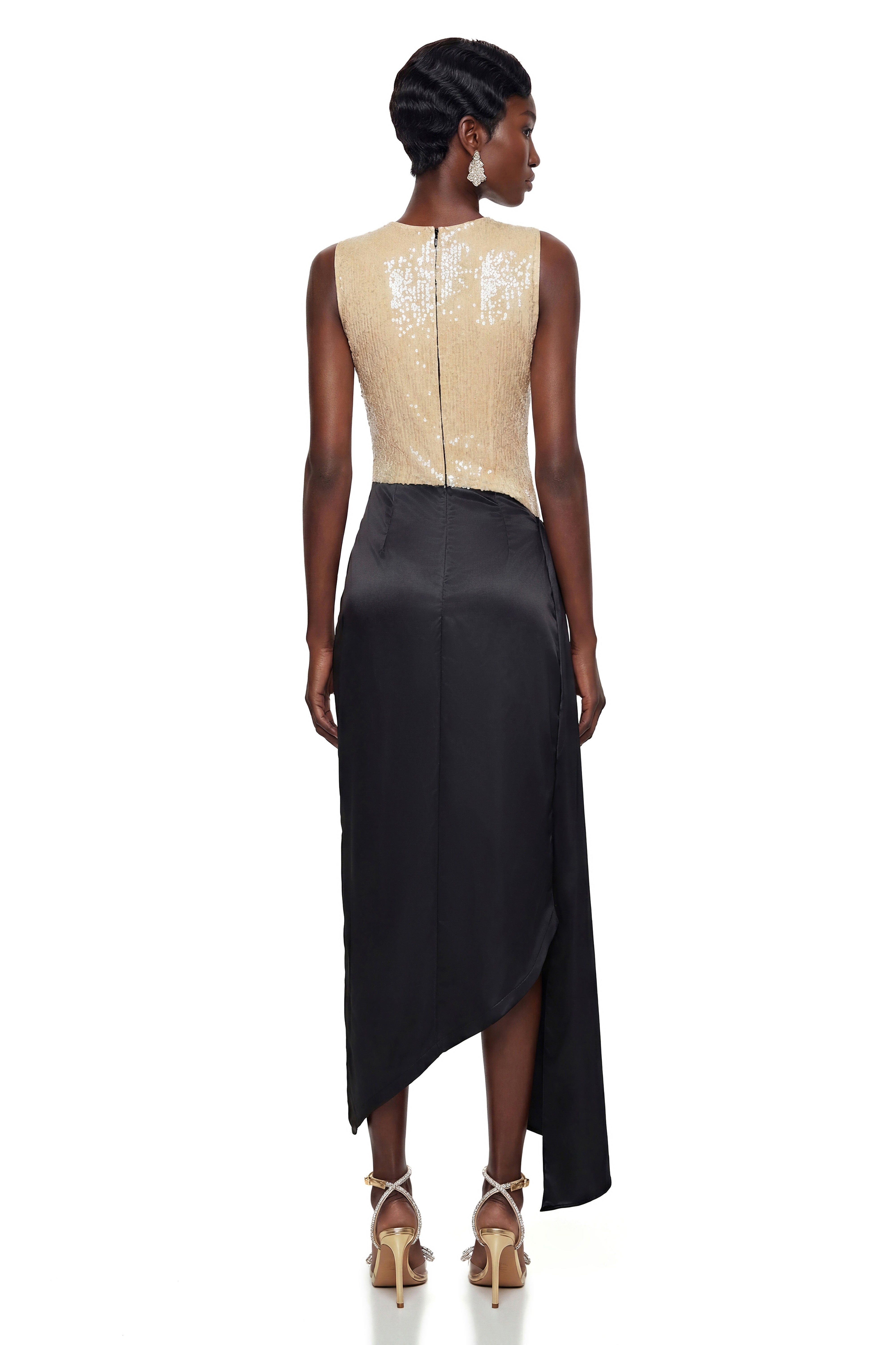 Olivia Cream Sequin Asymmetrical Ruched Maxi Dress