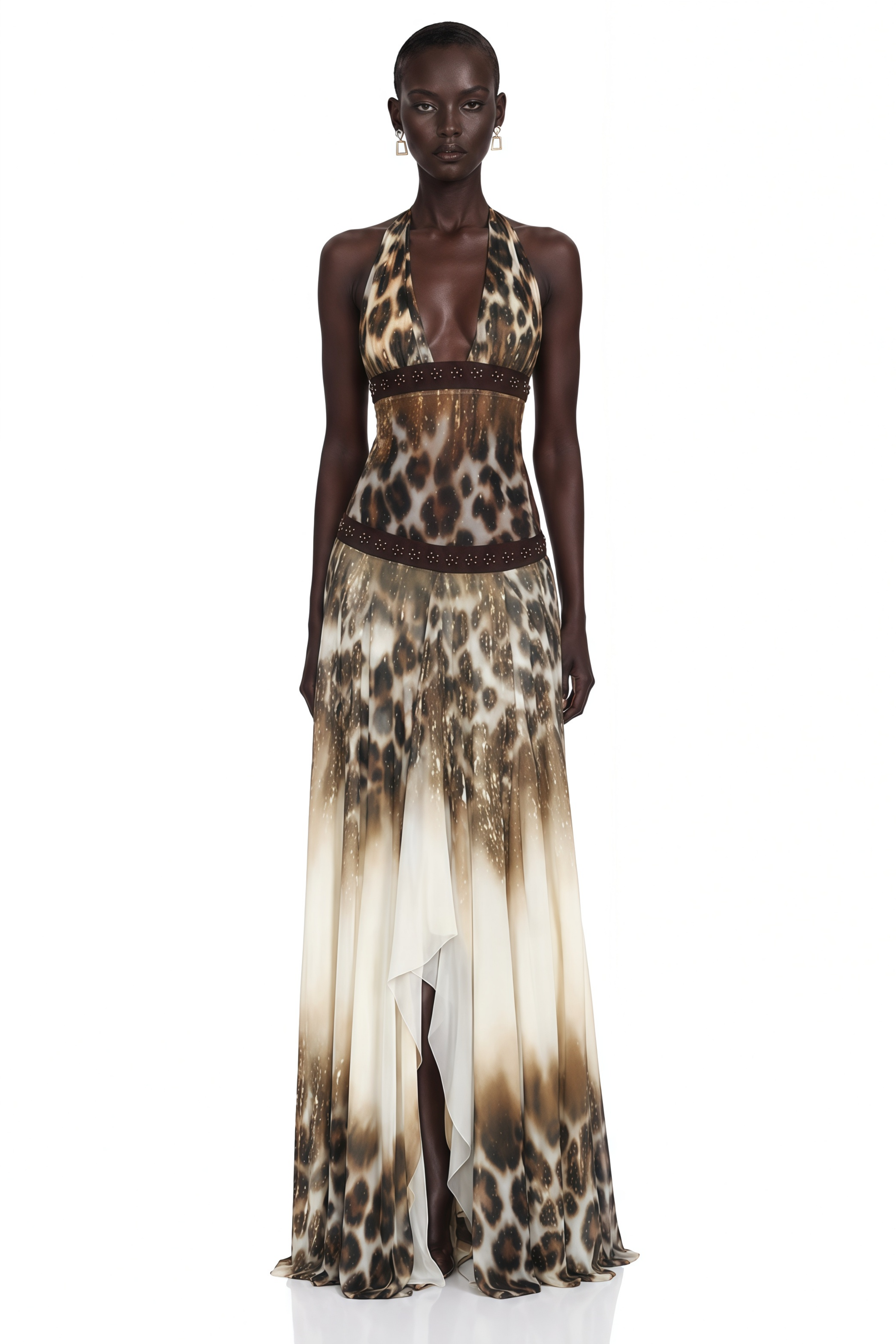 Mathilde Chocolate Brown Leopard Print Halterneck Maxi Dress