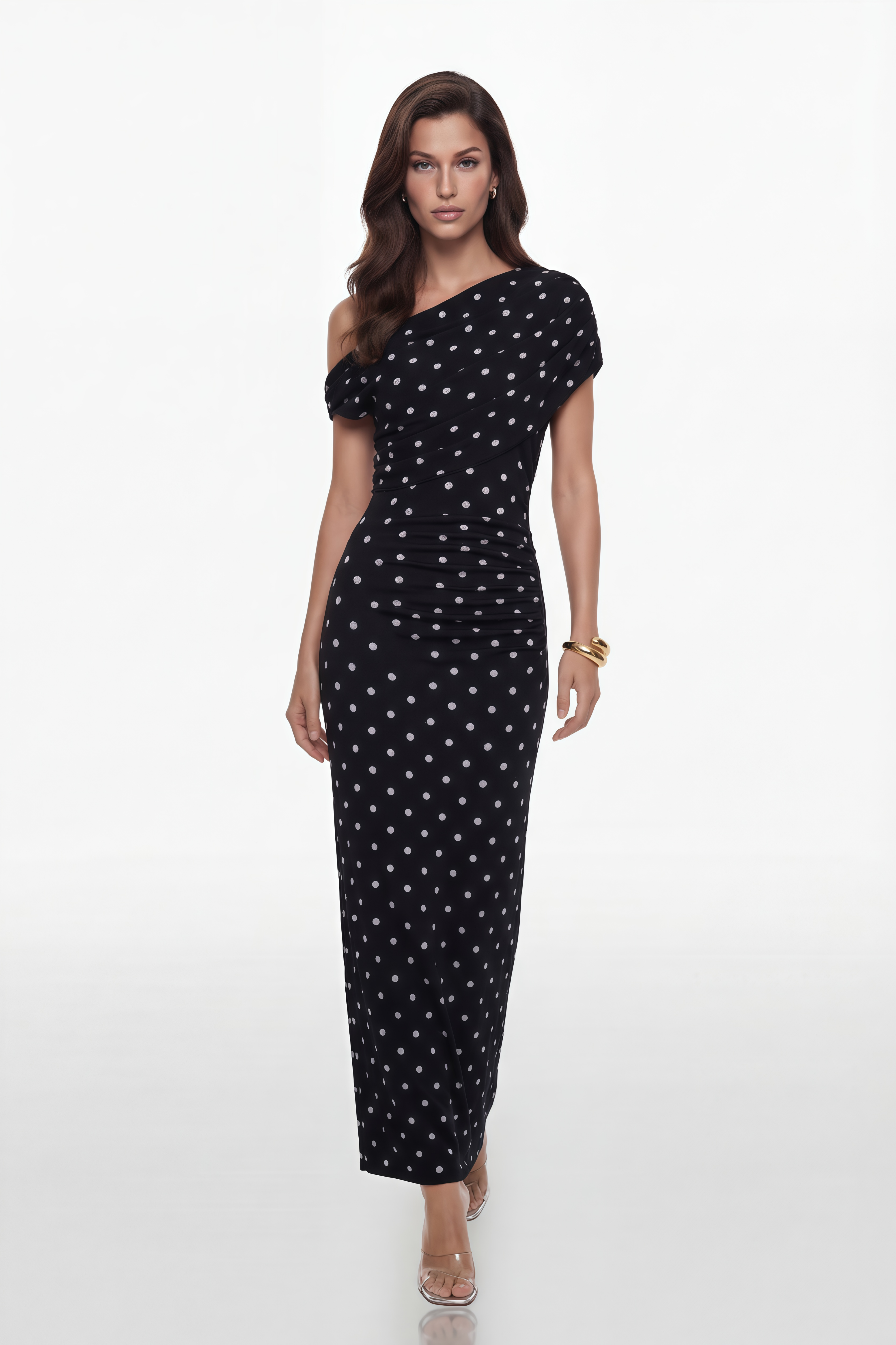 Maya Ein-Schulter-Maxikleid mit Polka-Dots