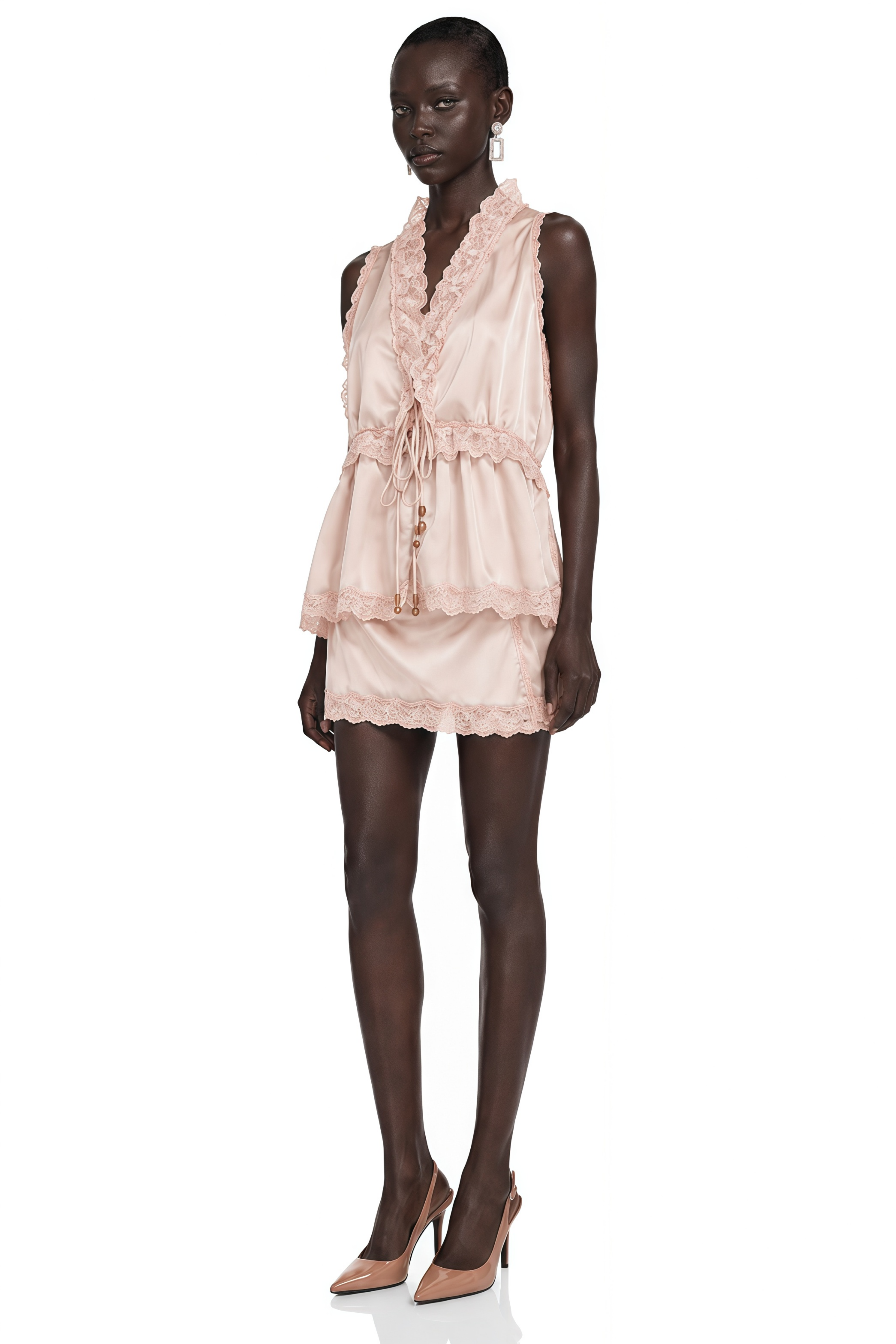 Megan Pink Ruffled Top with Lace Trim