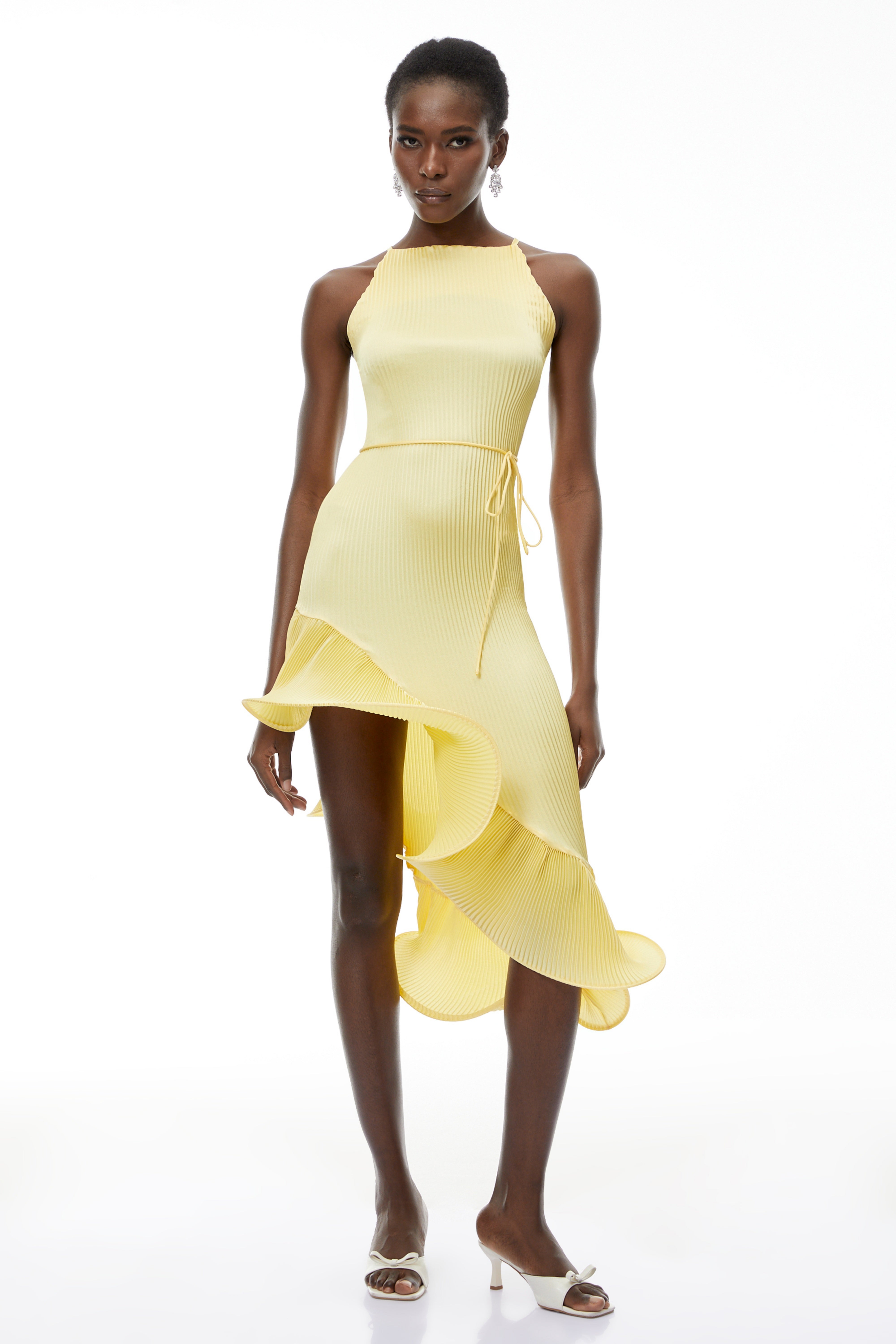 Meliora Gelbes asymmetrisches Midi-Kleid mit Rüschen