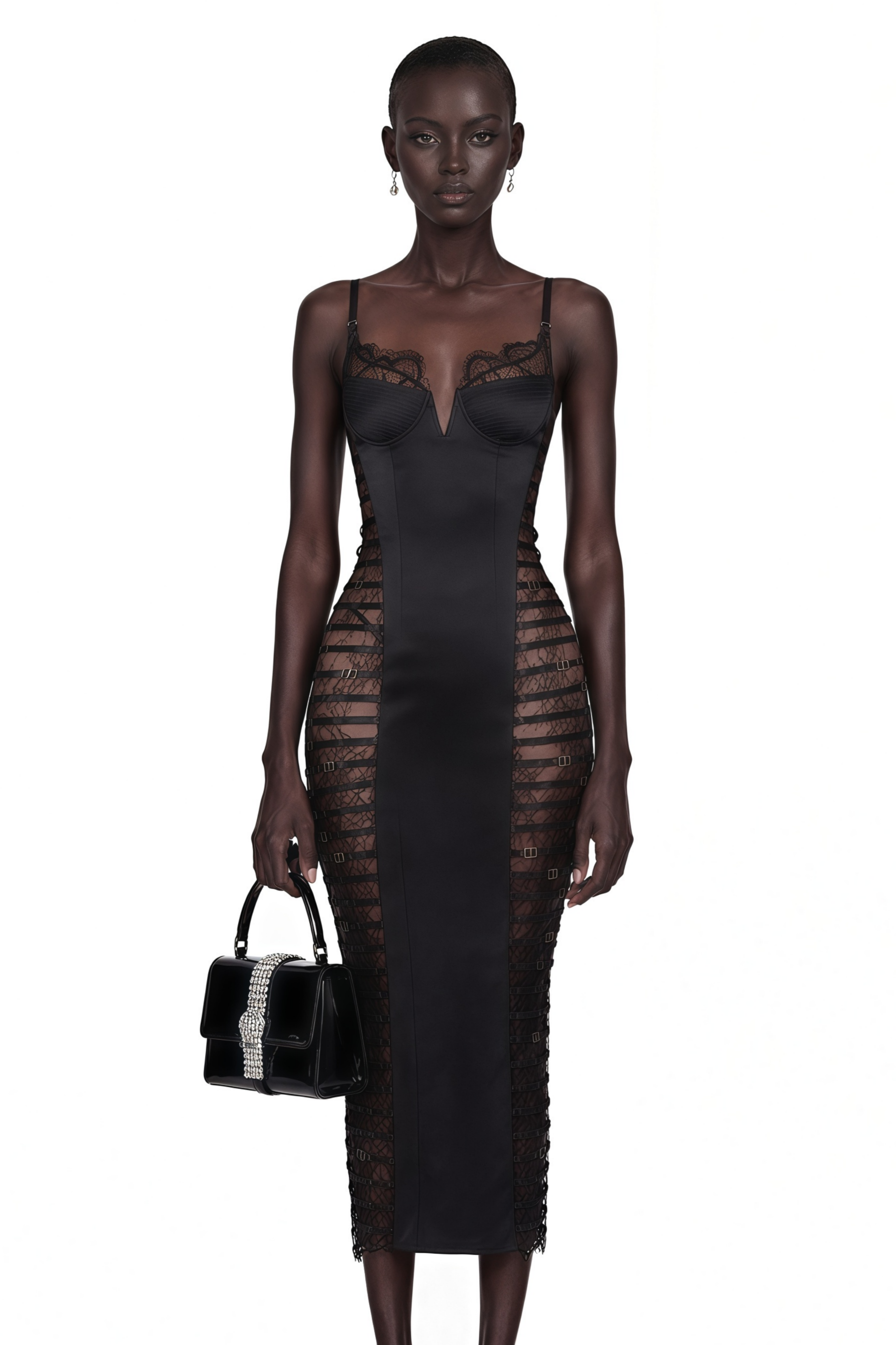 Melora Black Floral Lace Semi-Sheer Midi Dress