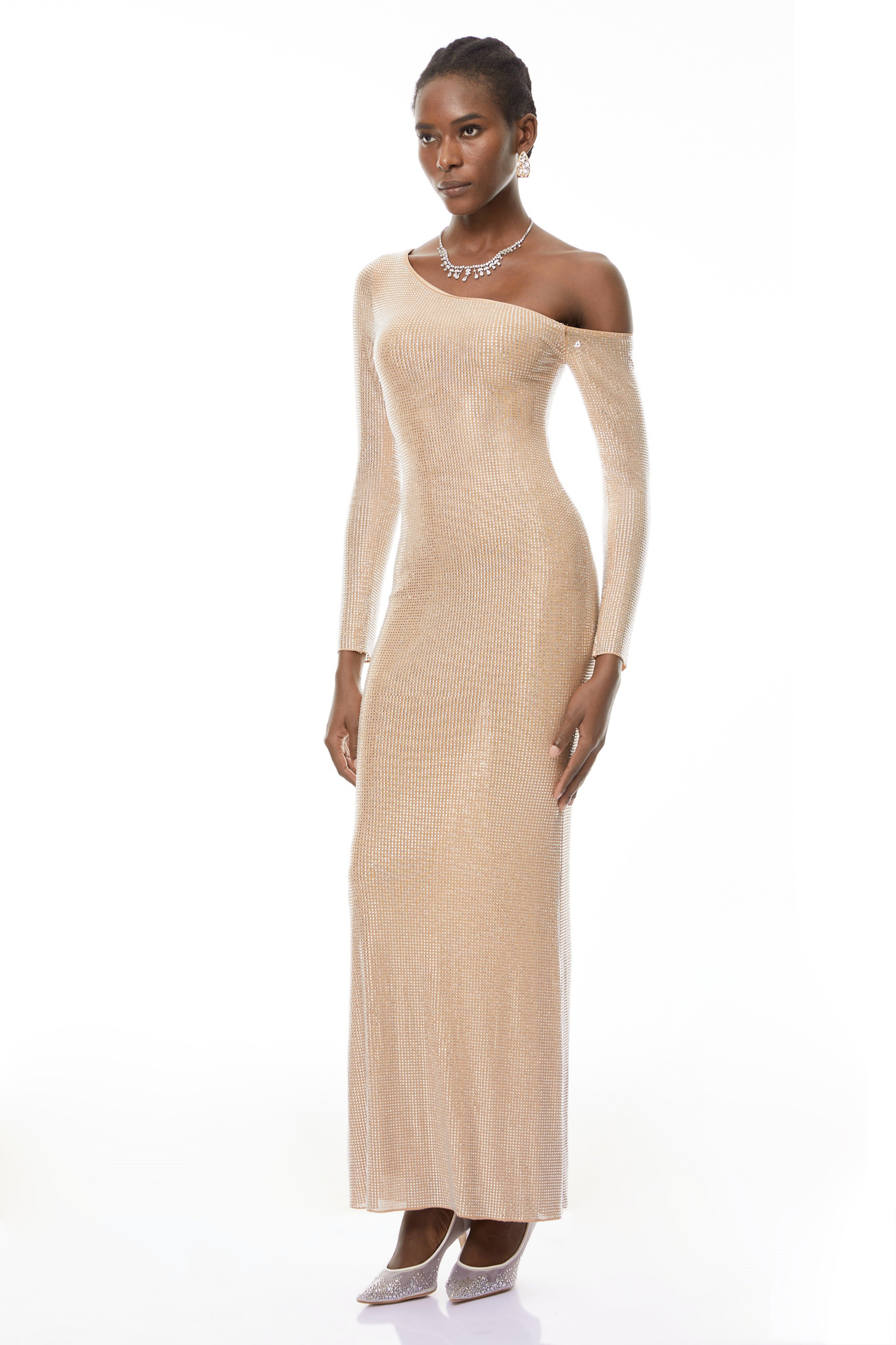 Michèle Champagne Rhinestone Maxi Dress