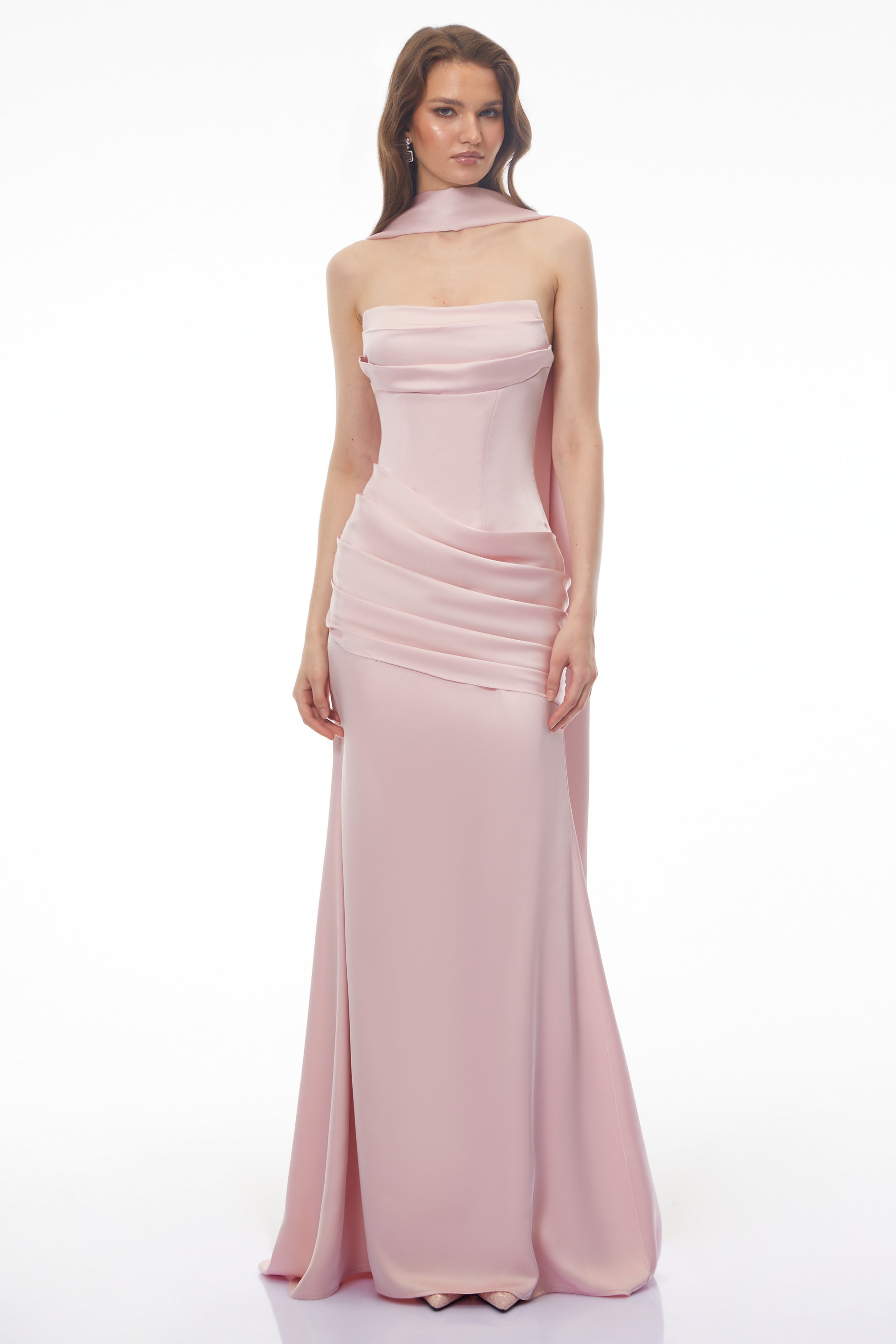 Marilou Pink Ruched Satin Maxi Dress