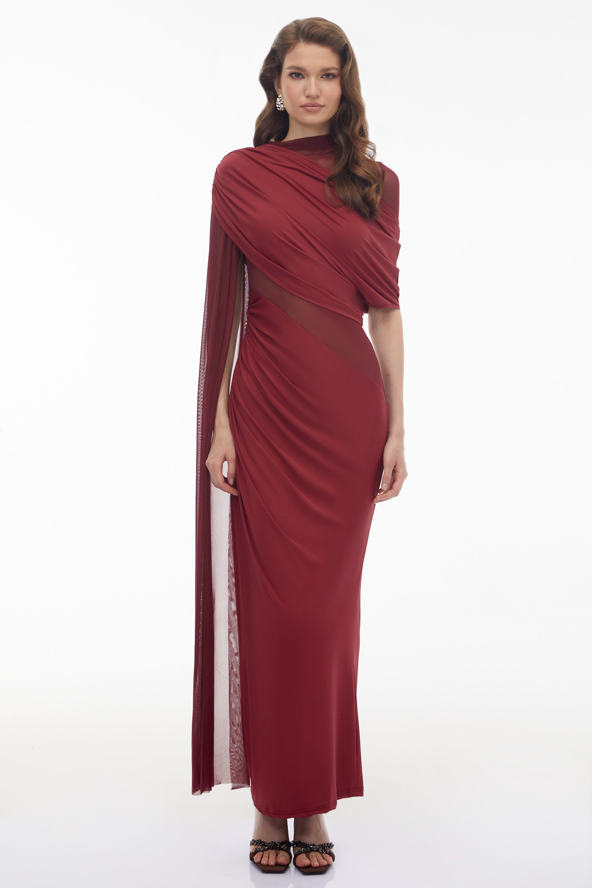 Robe Mioara rouge à cape drapée asymétrique