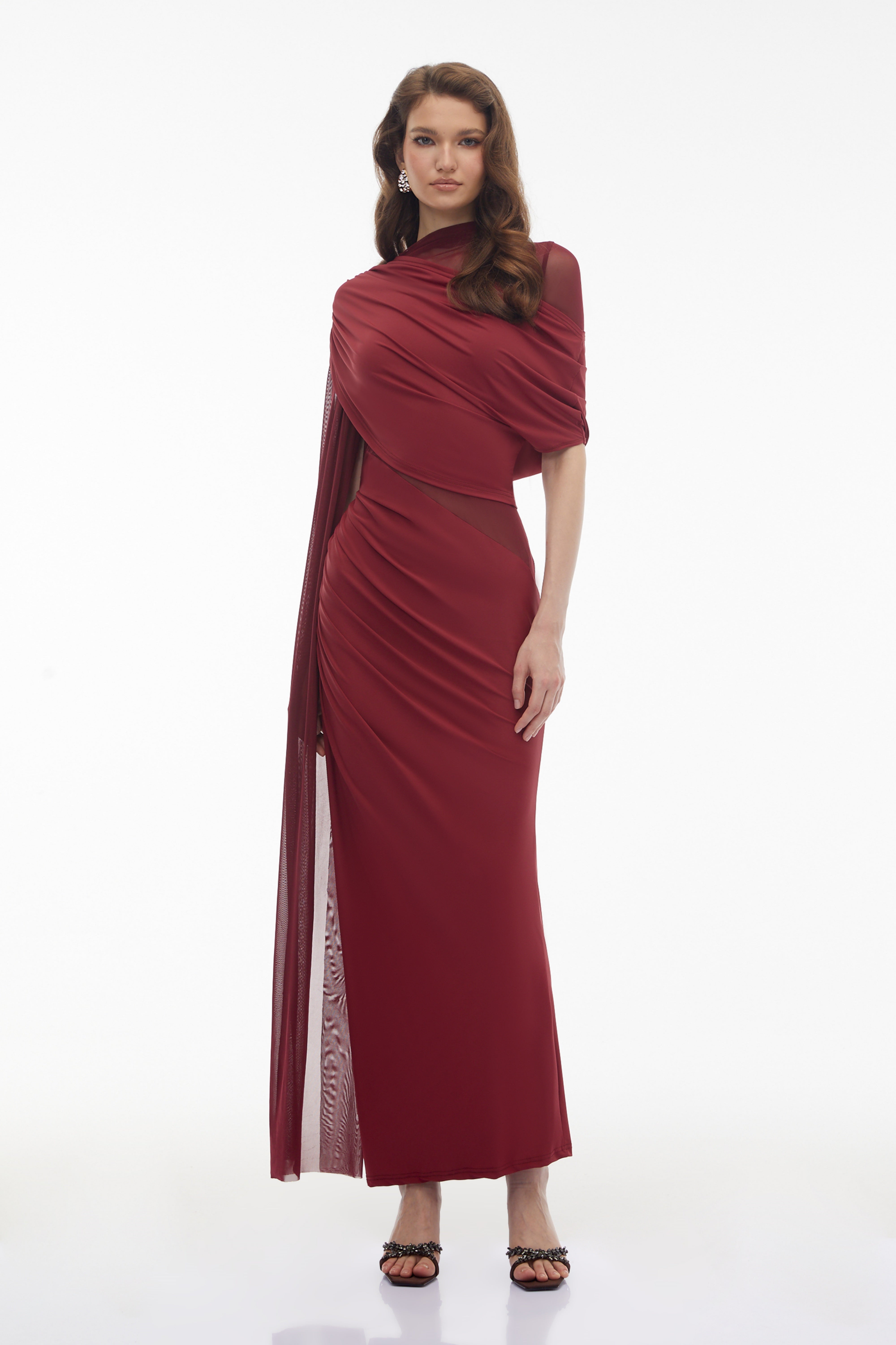 Mioara Red Asymmetrical Draped Cape Design Dress