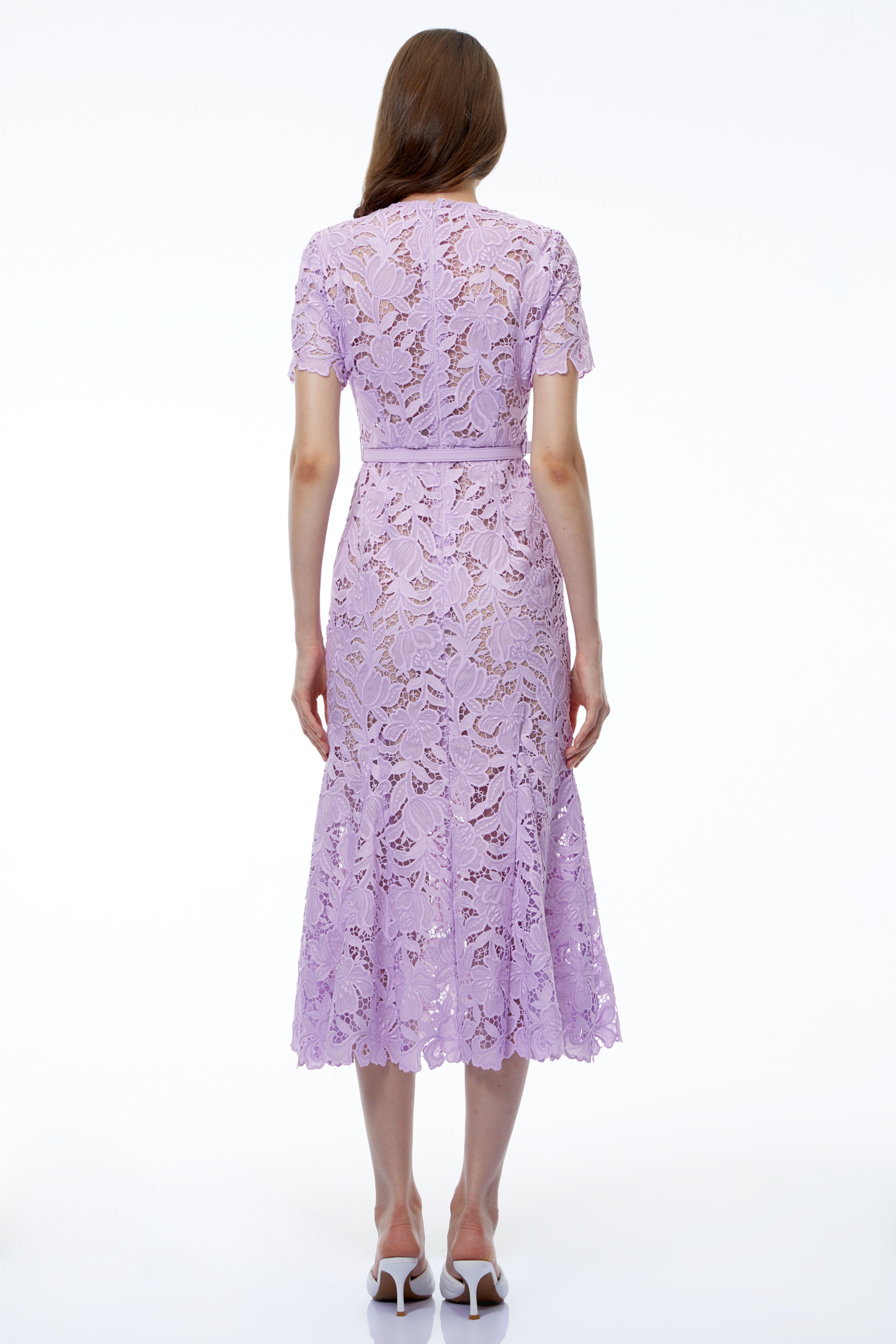 Momoe Purple Lace Floral Fitted Midi Dress