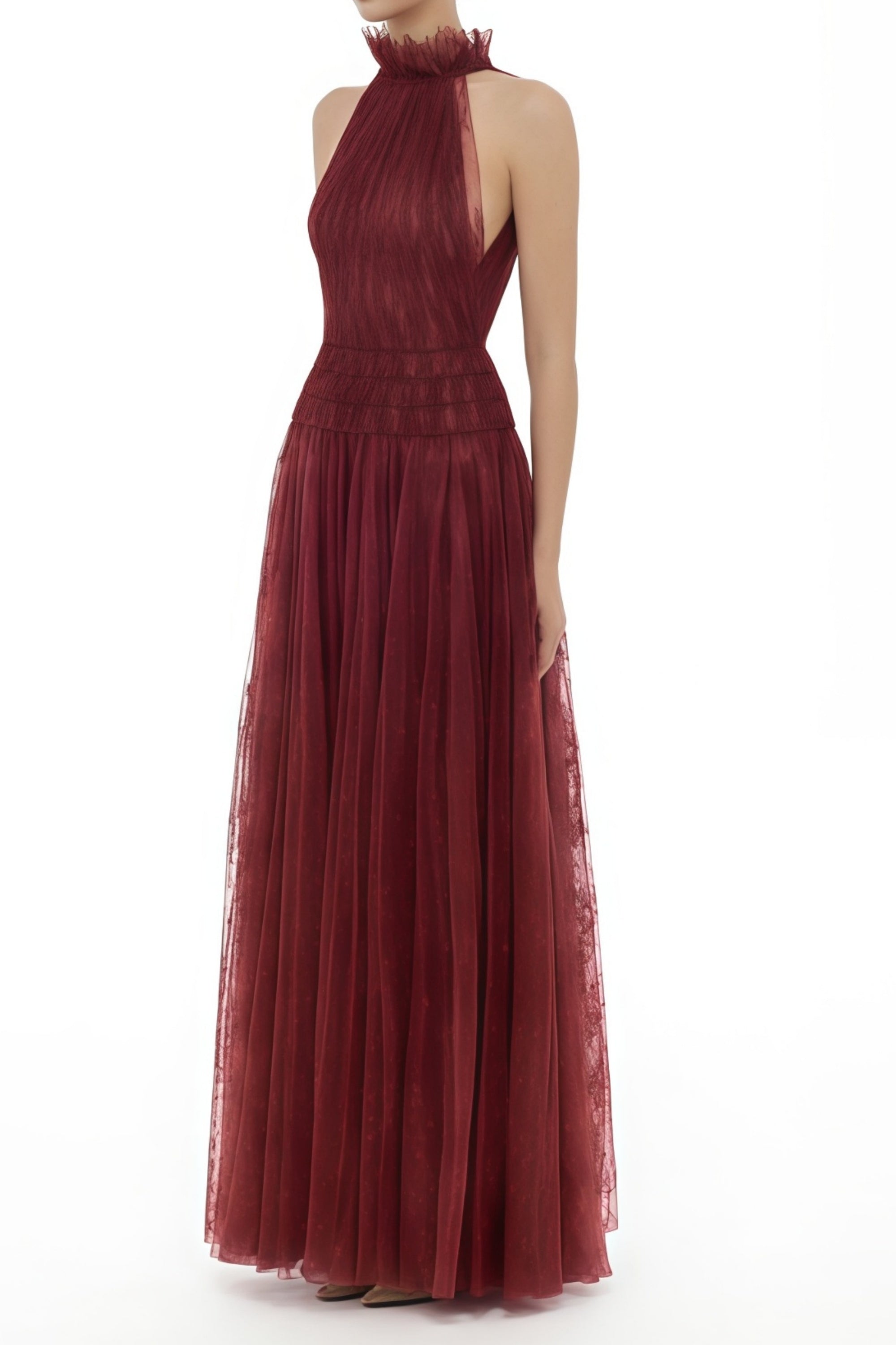 فستان أماندين ماكسي أحمر شفاف بفتحة رقبة على شكل حرف V