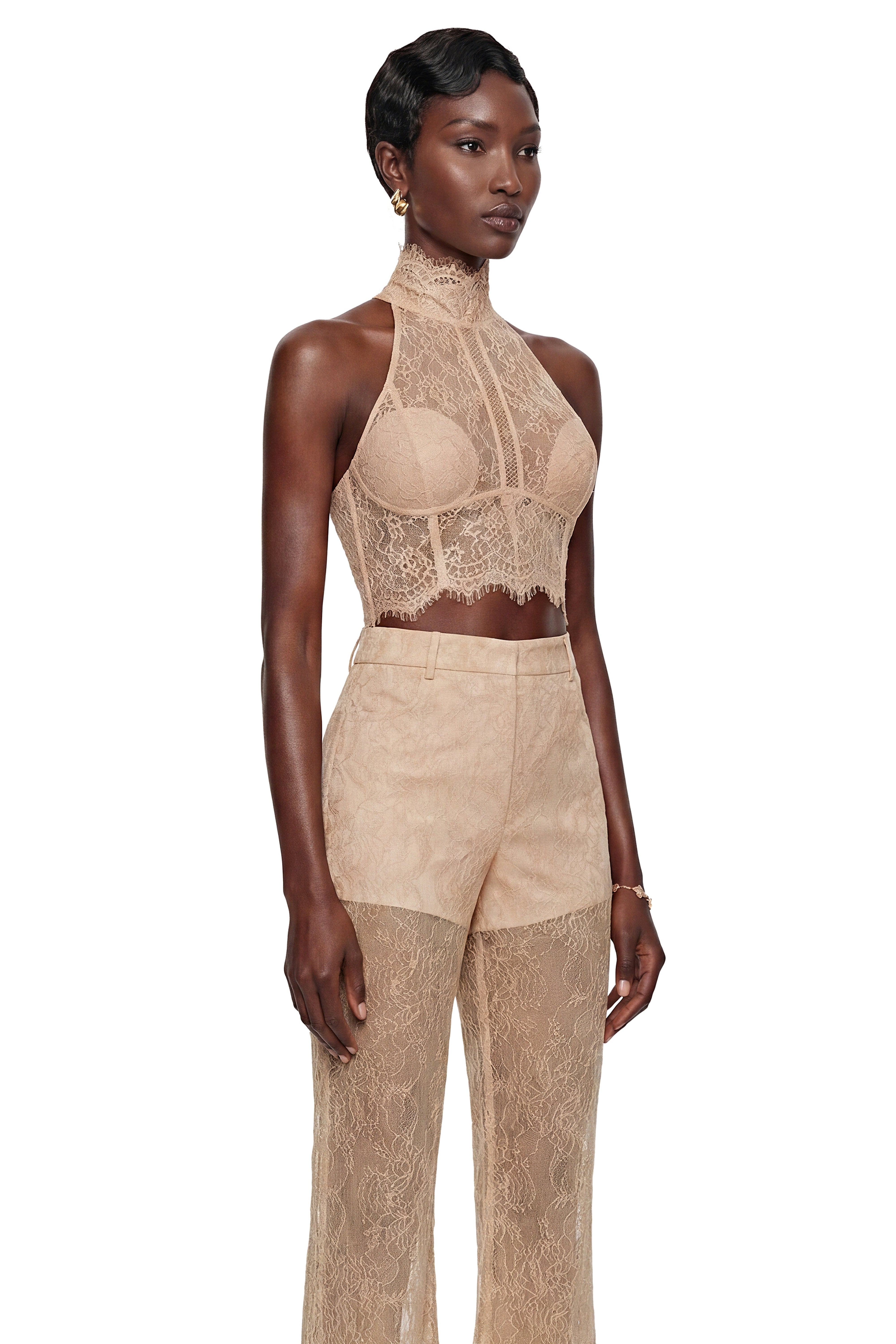 Munirah Neutral Semi-Sheer Lace Trousers