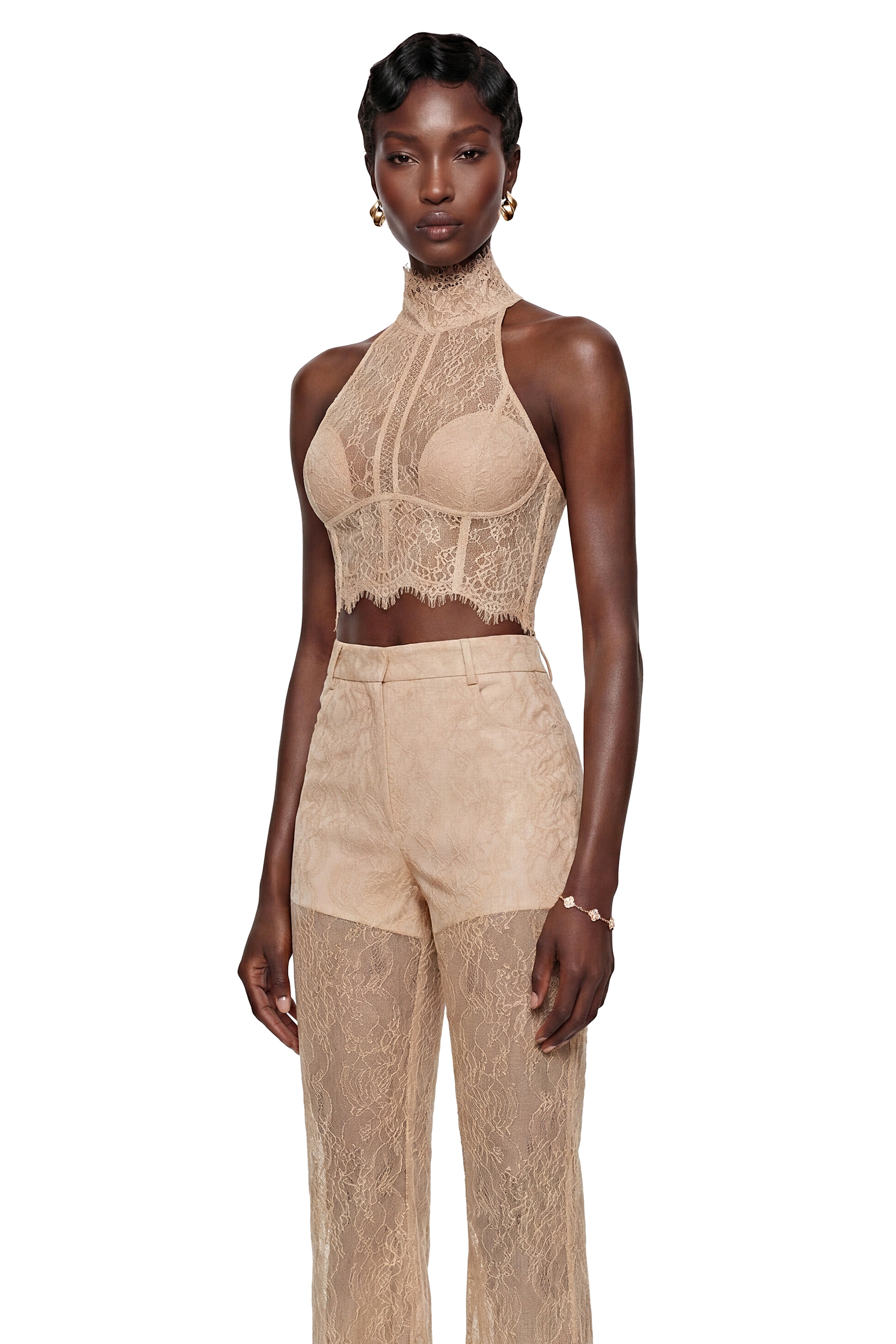 Munirah Neutral Semi-Sheer Lace Trousers