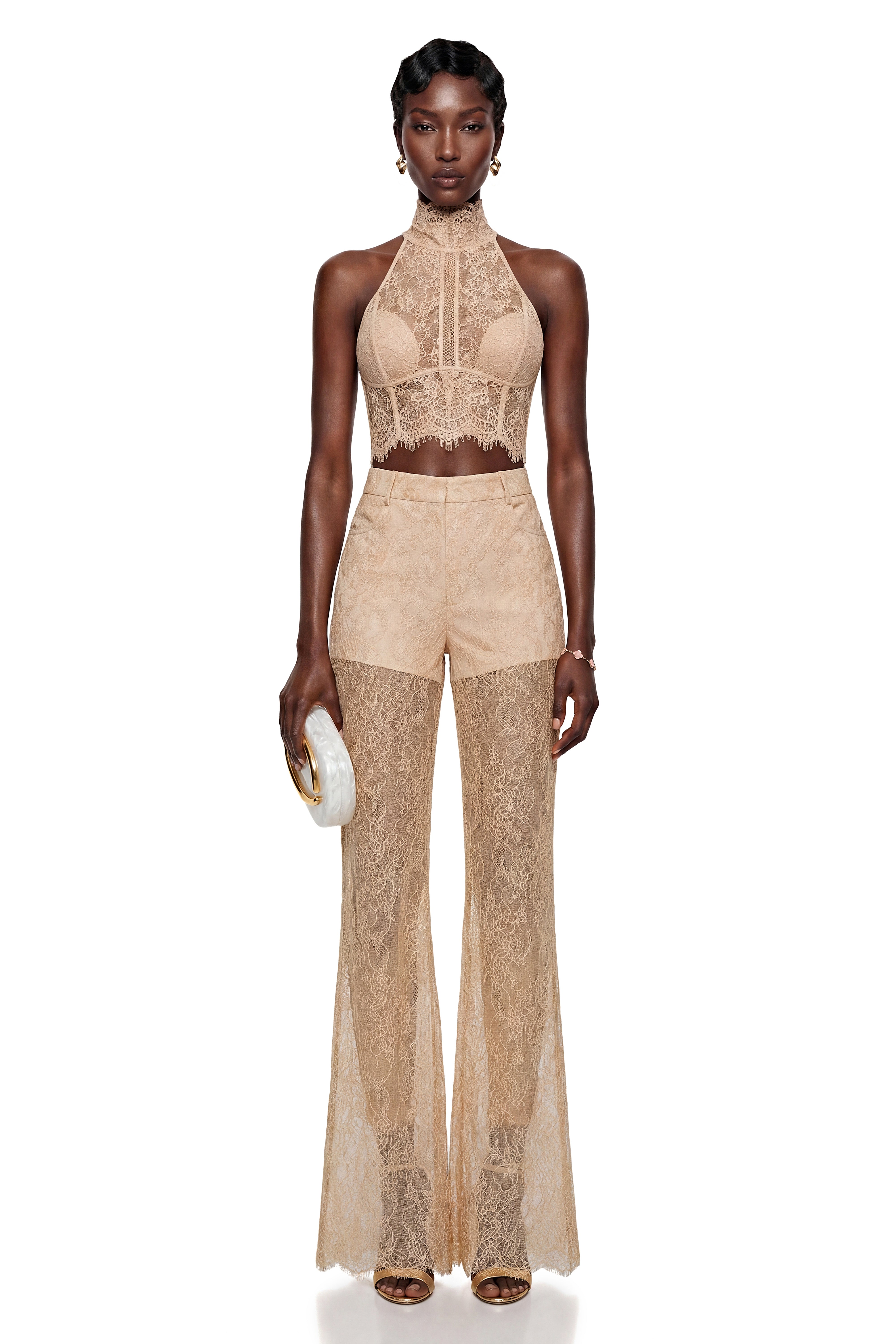Munirah Neutral Semi-Sheer Lace Trousers