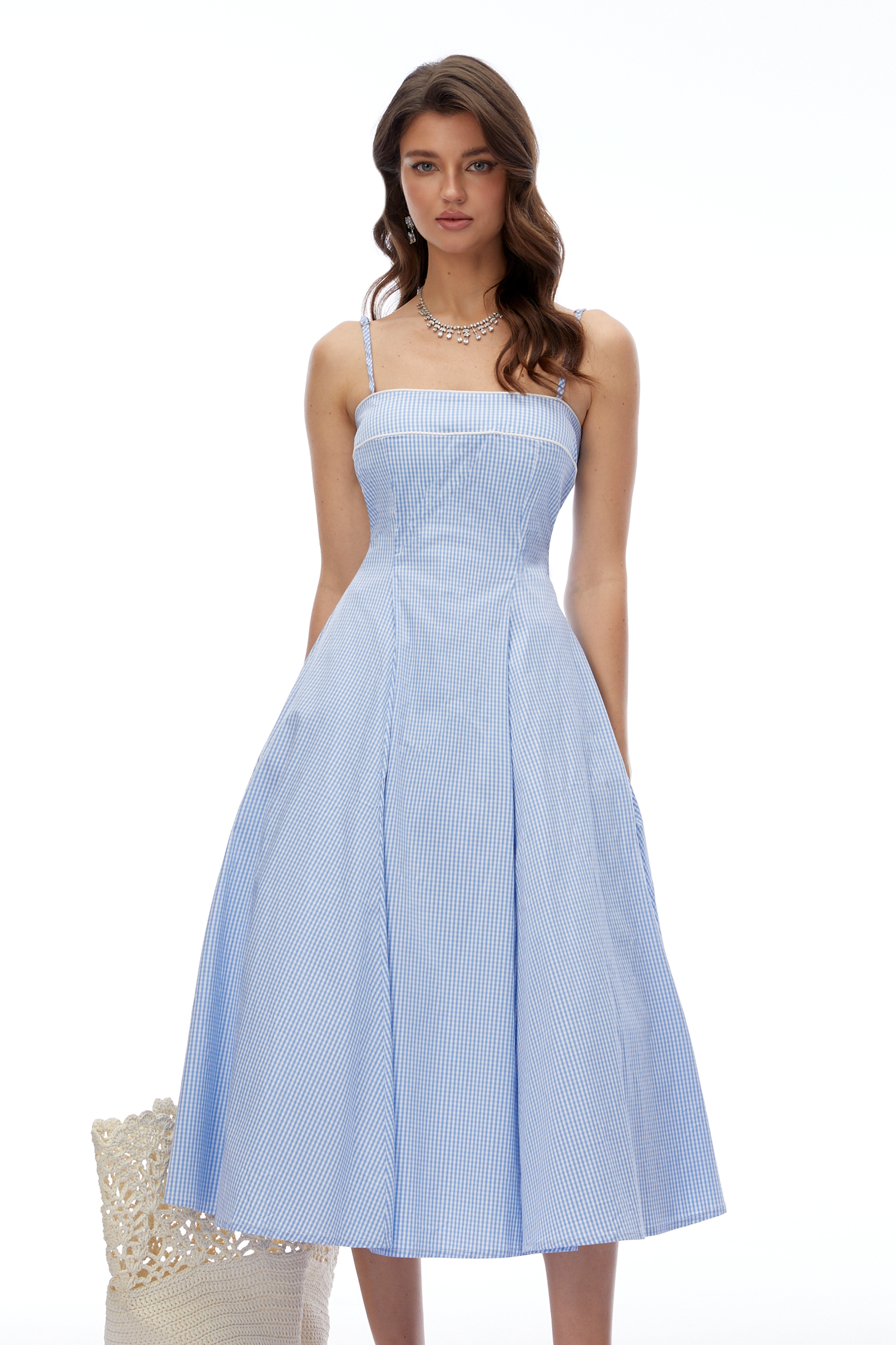 Robe midi à carreaux Myrtle Blue à encolure carrée