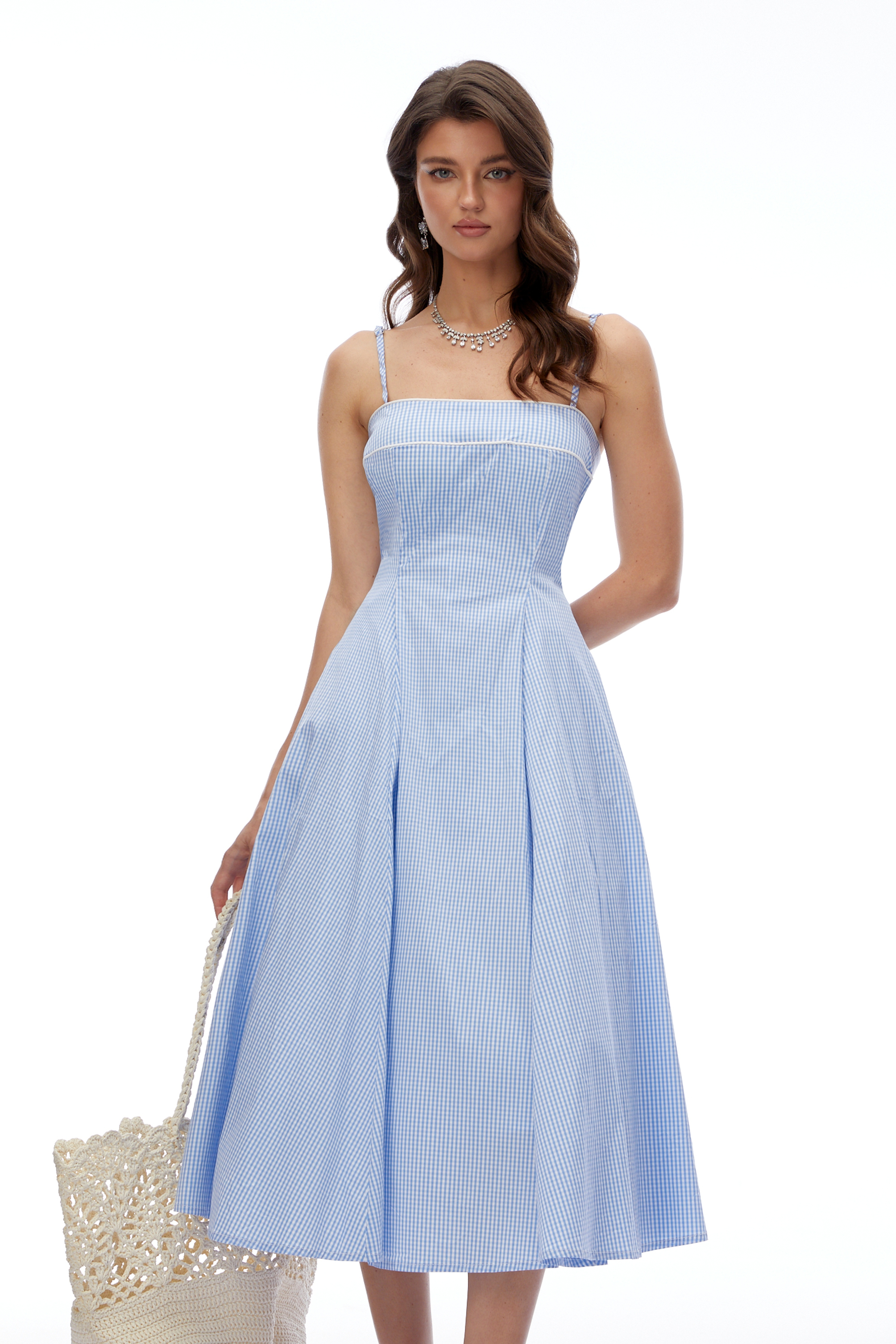 Robe midi à carreaux Myrtle Blue à encolure carrée