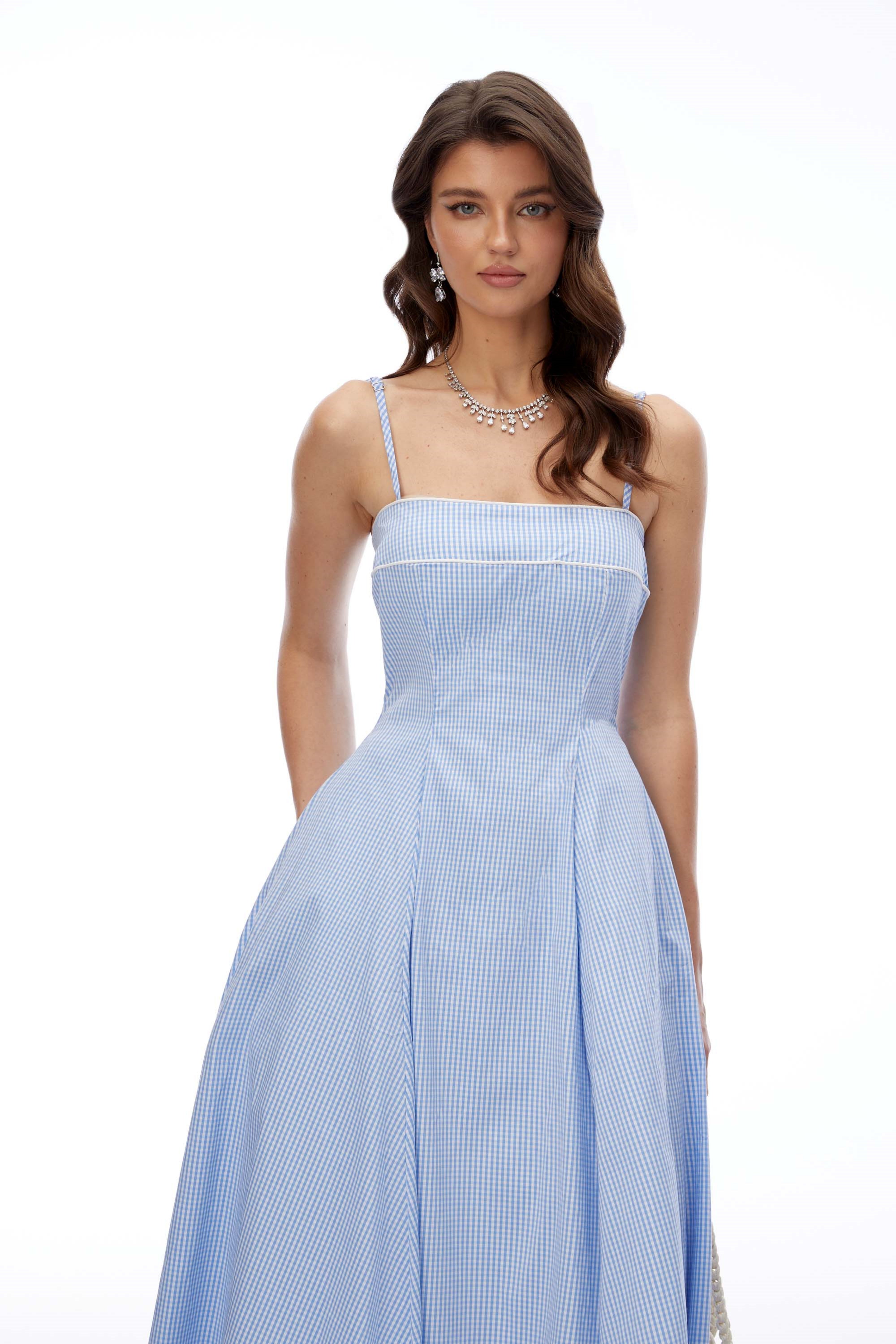 Robe midi à carreaux Myrtle Blue à encolure carrée