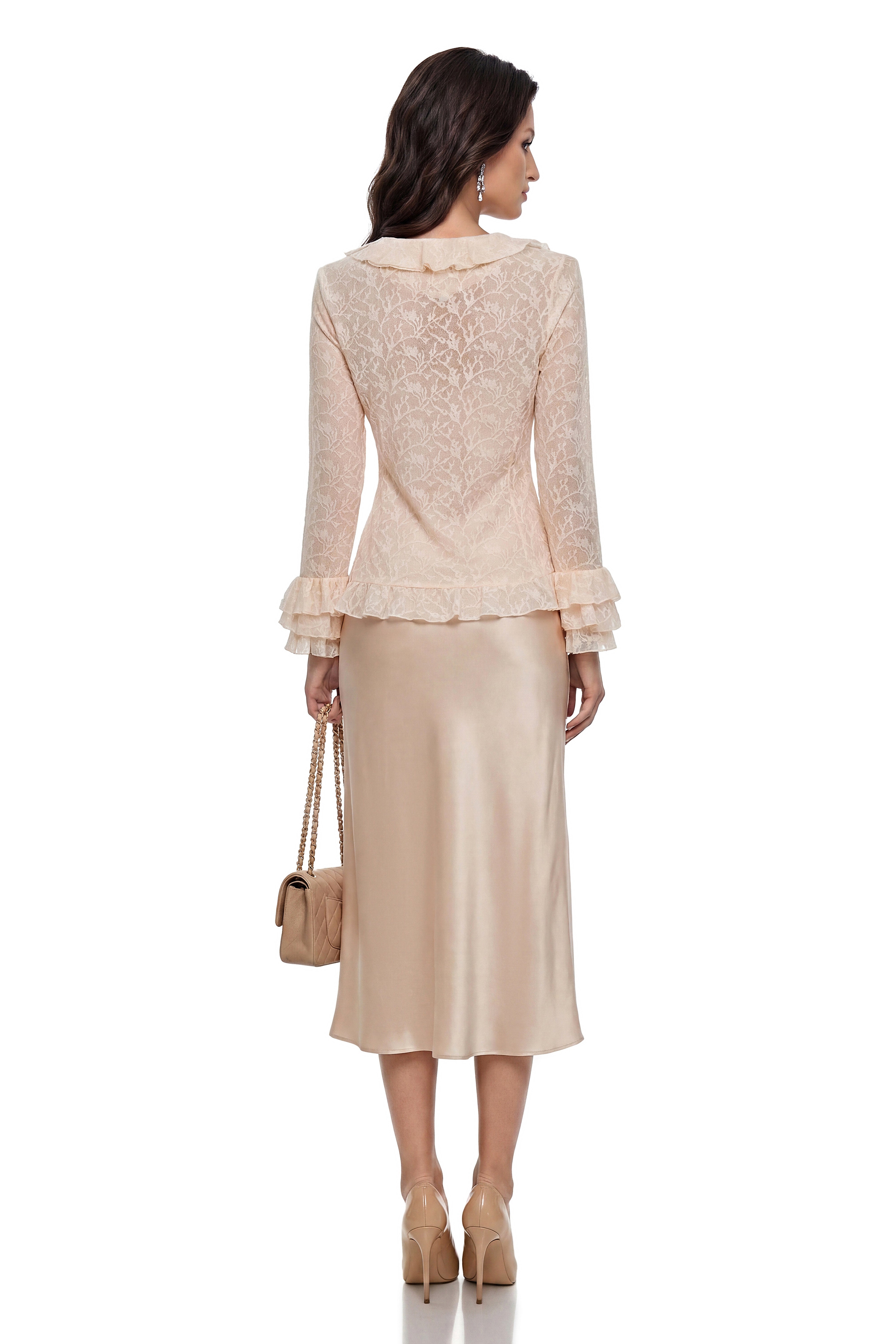 Naama Cream Plunge Neck Ruffled Blouse