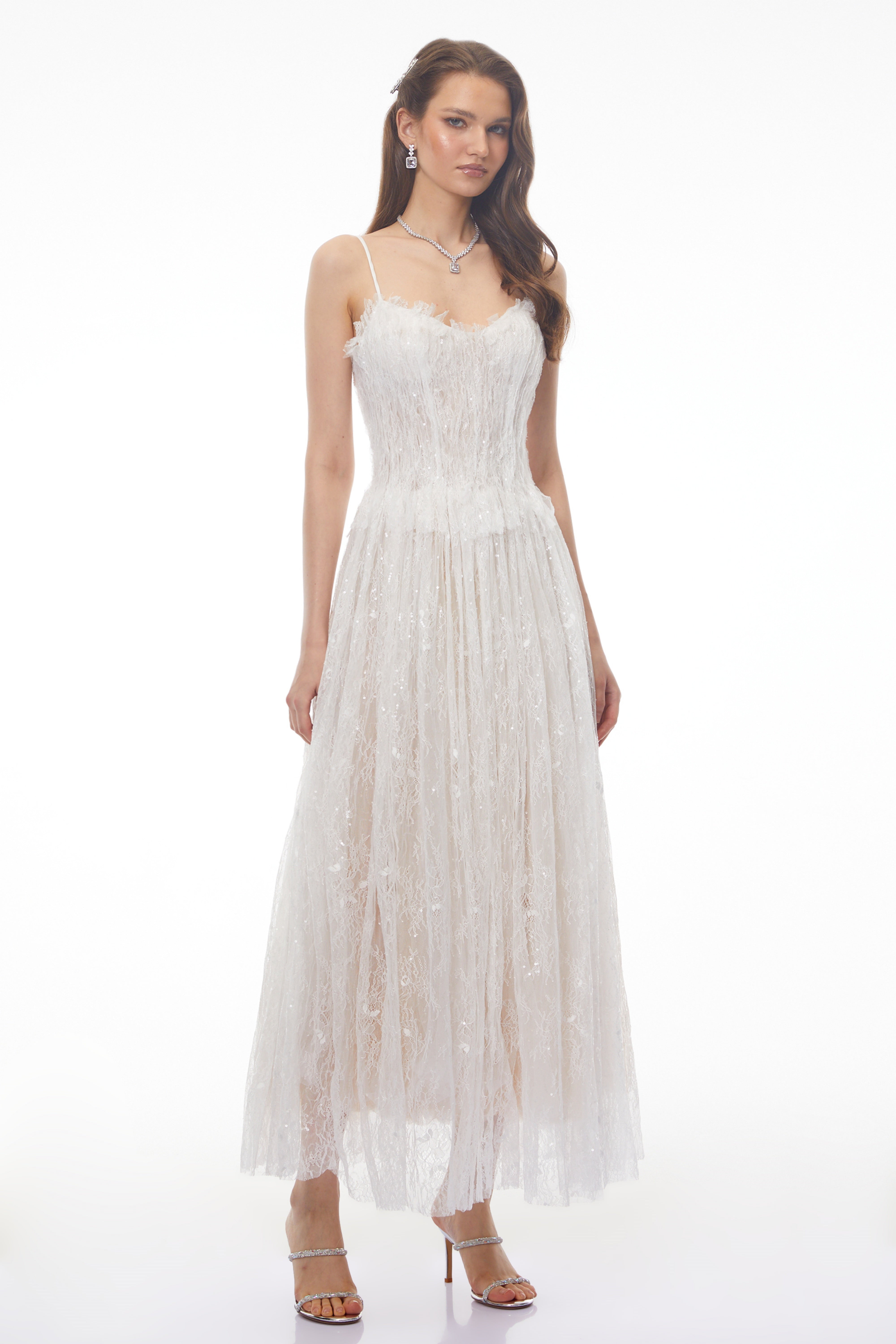 Nadir White Pleated Lace Maxi Dress
