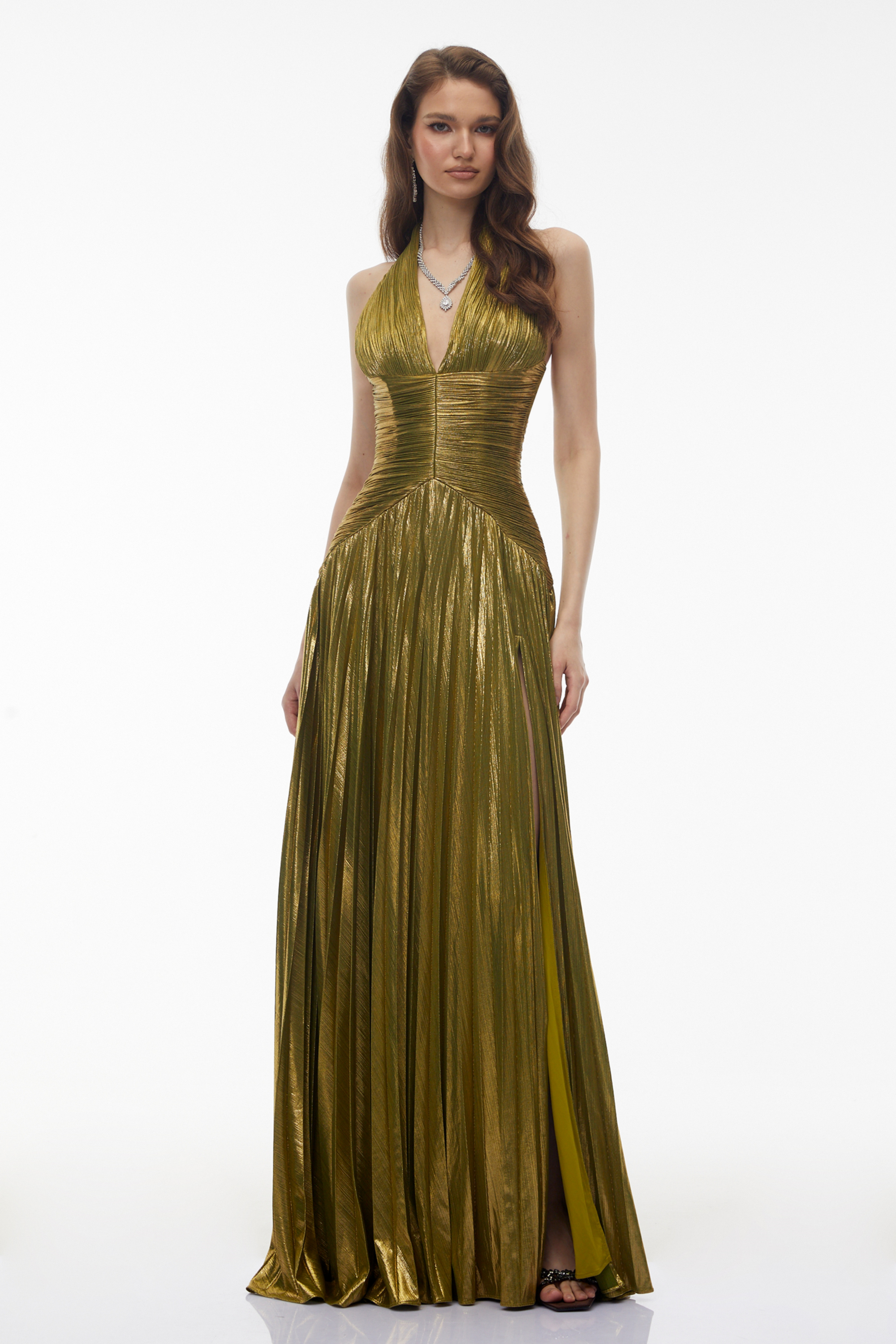 Nadya Olive Green Halterneck Ruched Maxi Dress