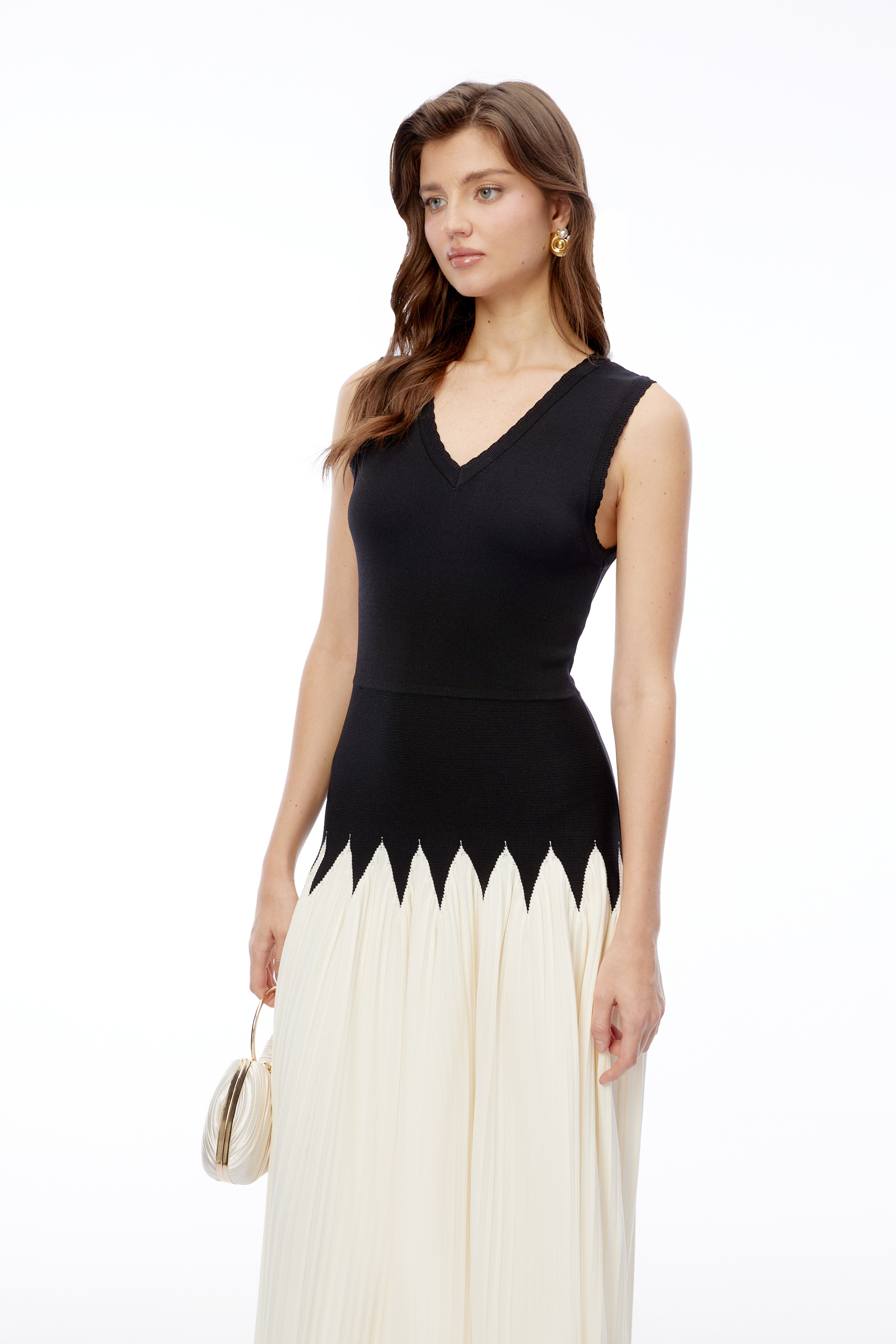 Nancy Black Color Block Pleated Midi Dress