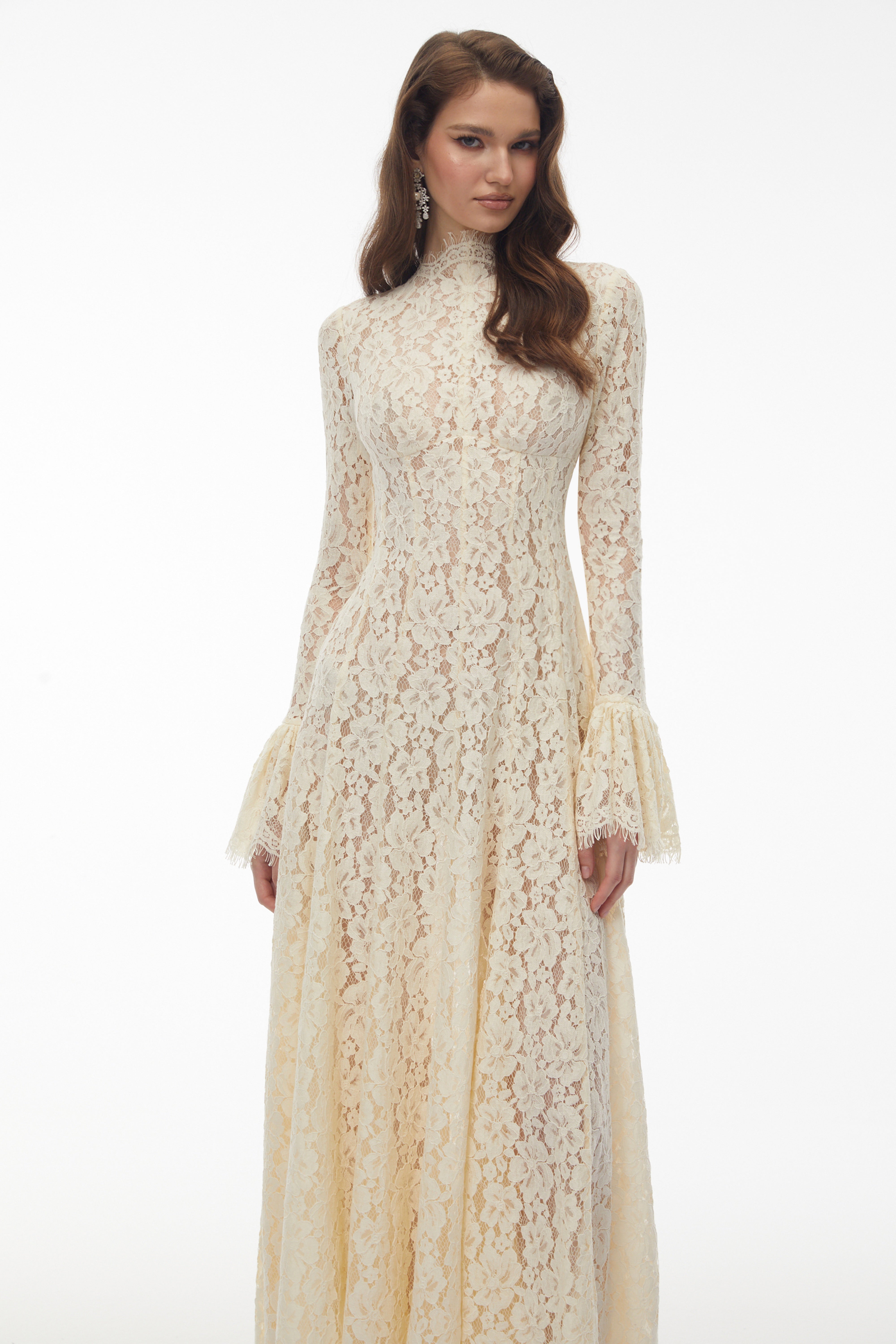 Nasrin White Mock Neck Floral Lace Maxi Dress