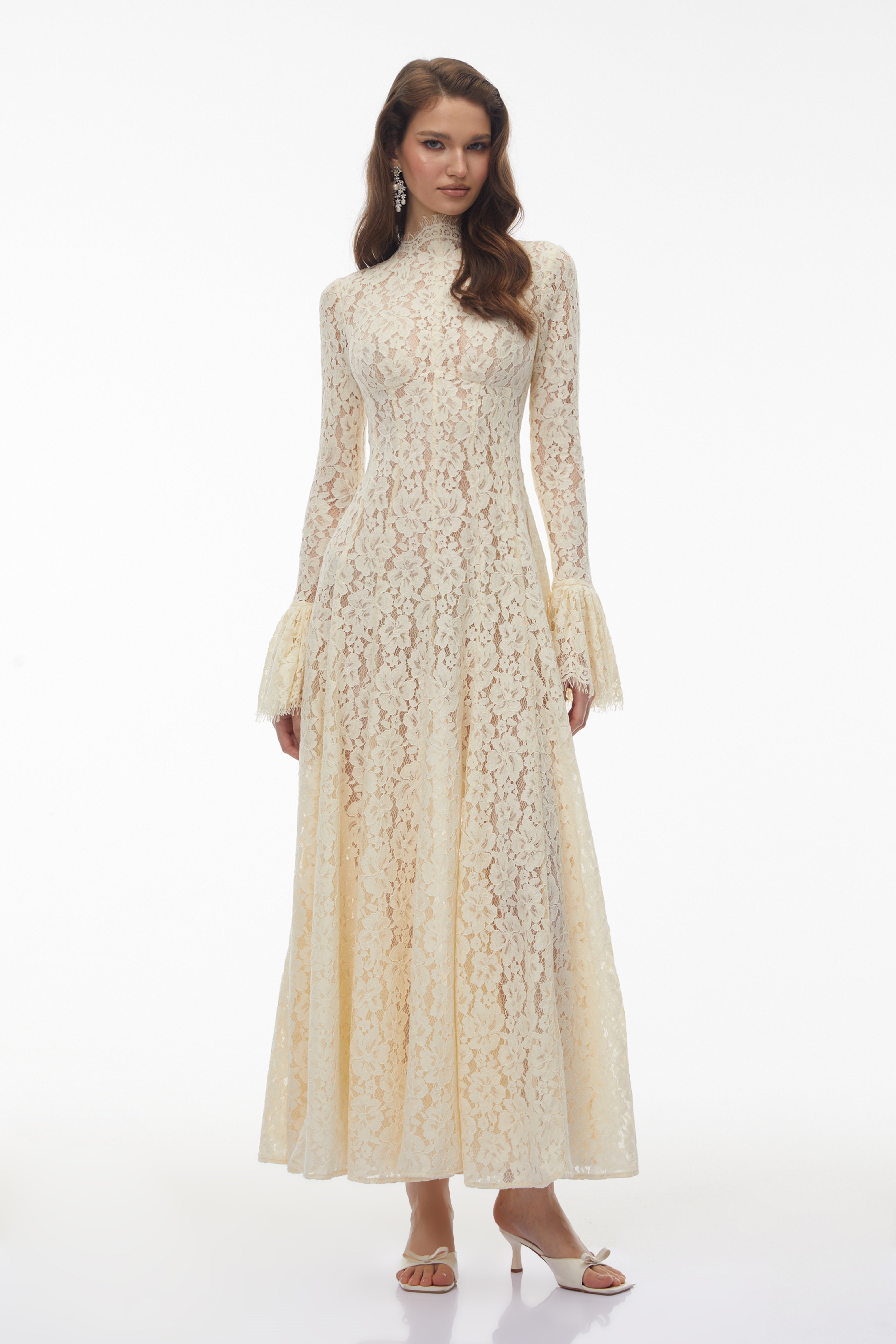 Nasrin White Mock Neck Floral Lace Maxi Dress