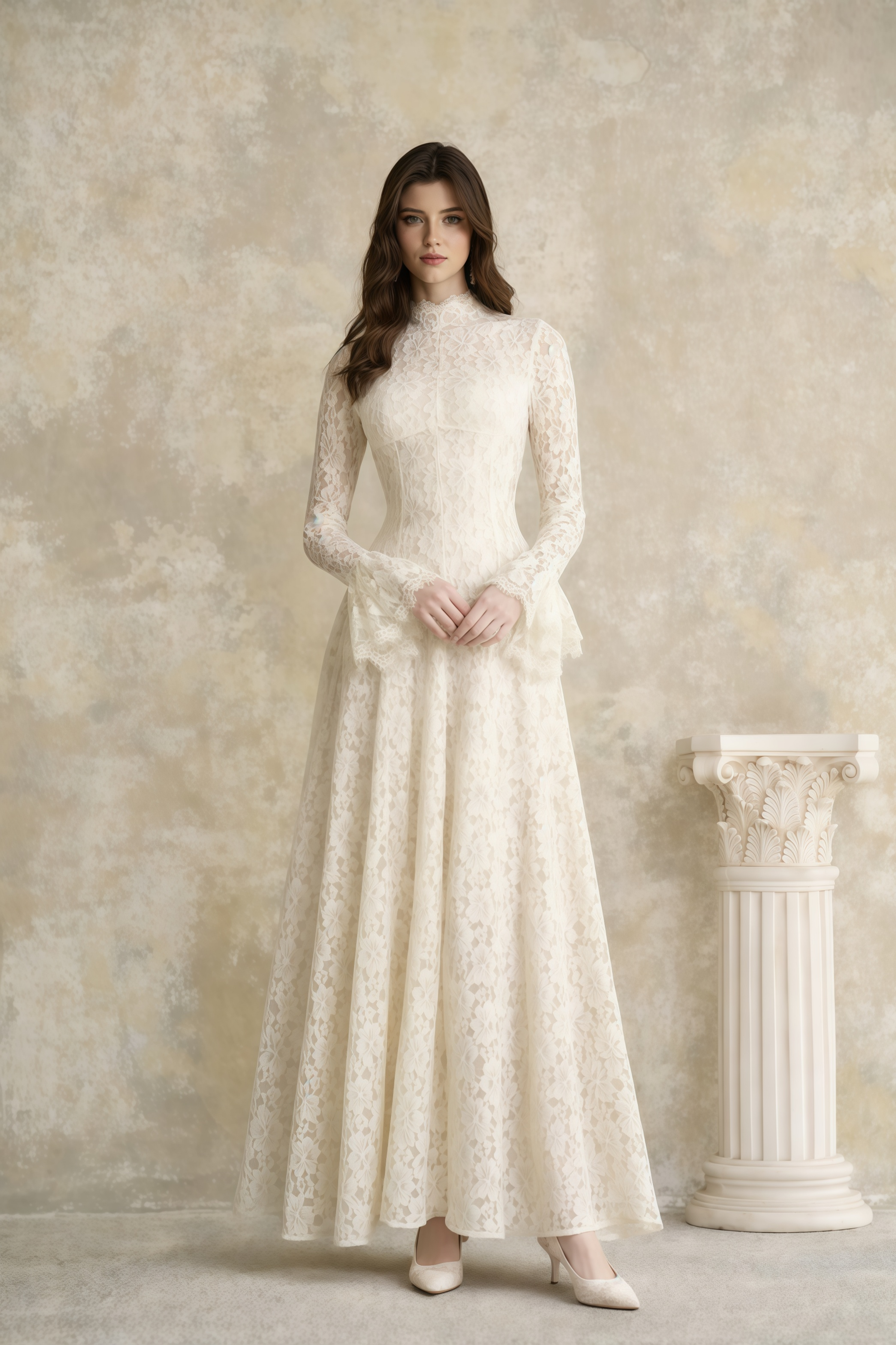 Nasrin White Mock Neck Floral Lace Maxi Dress