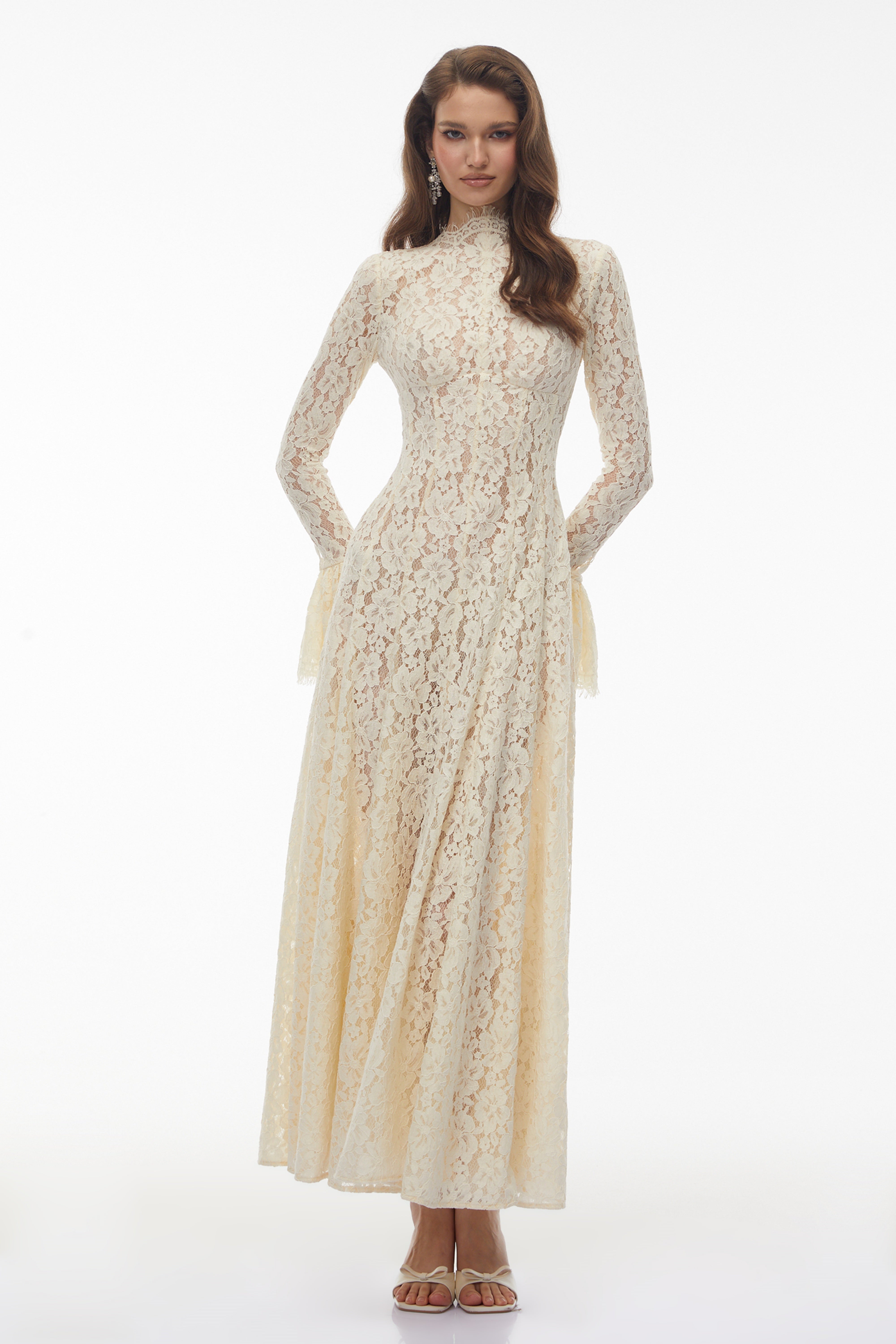Nasrin White Mock Neck Floral Lace Maxi Dress