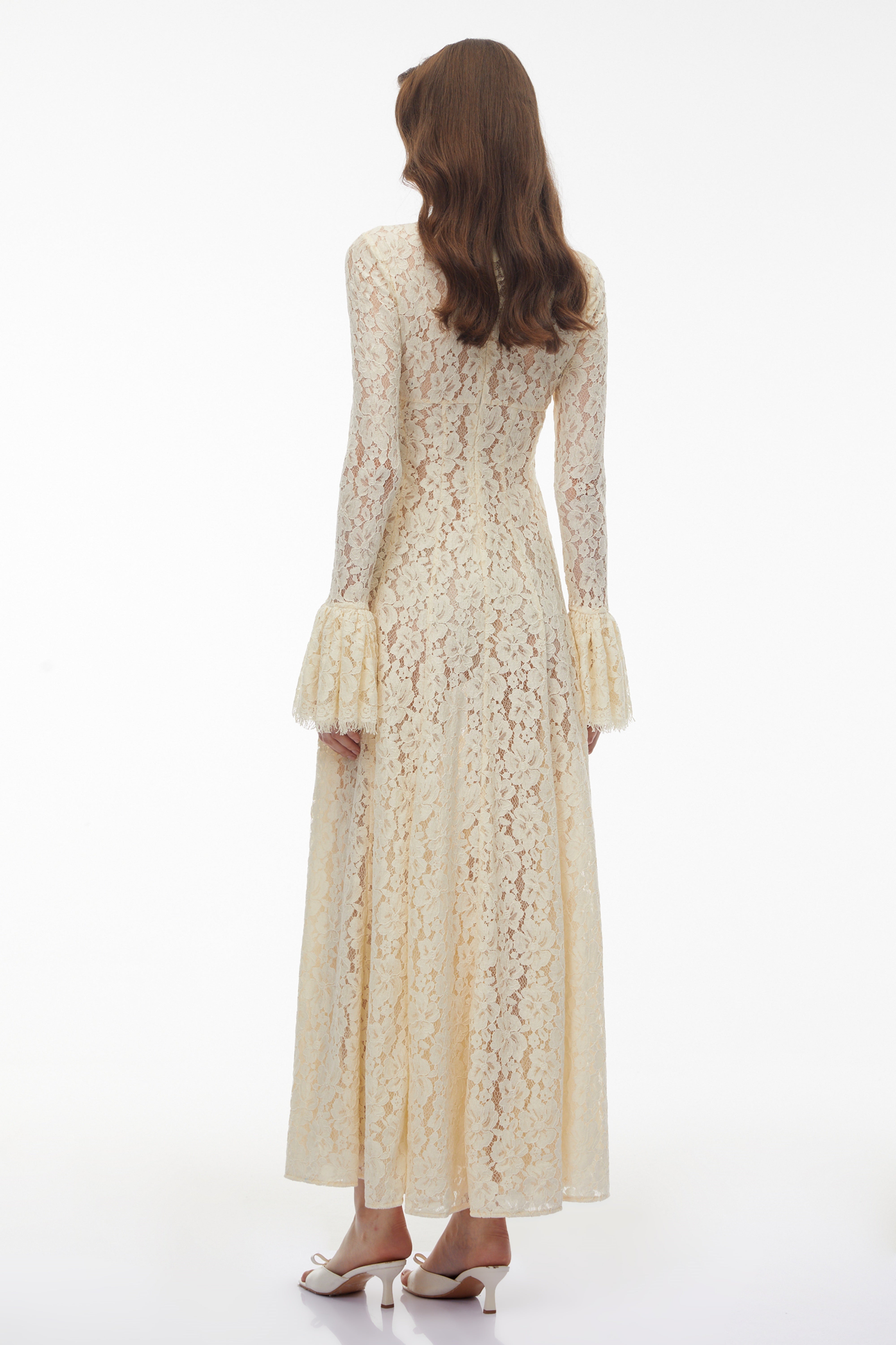 Nasrin White Mock Neck Floral Lace Maxi Dress