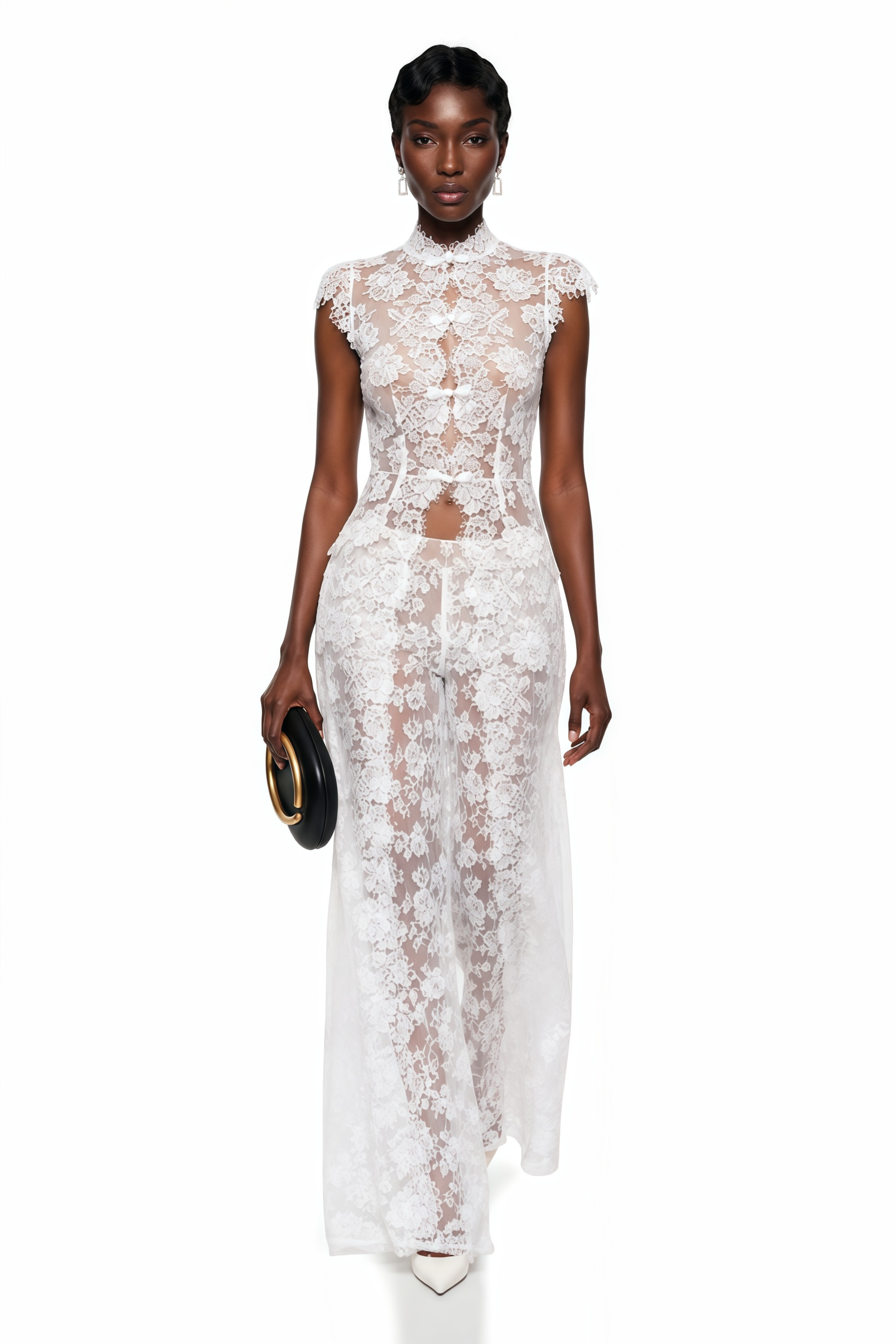 Natalia White Cut-Out Lace Top & Trousers Set