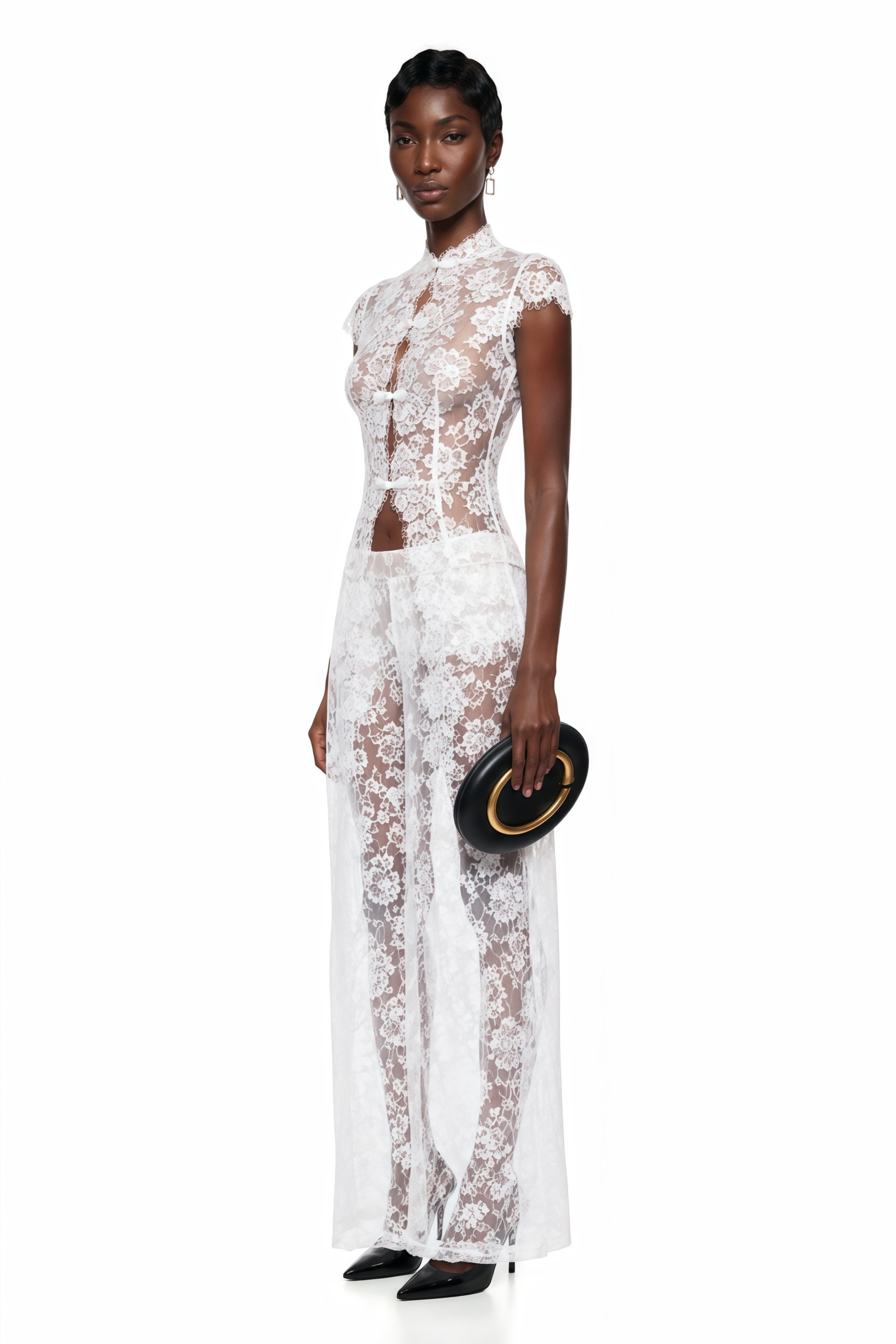 Natalia White Cut-Out Lace Top & Trousers Set