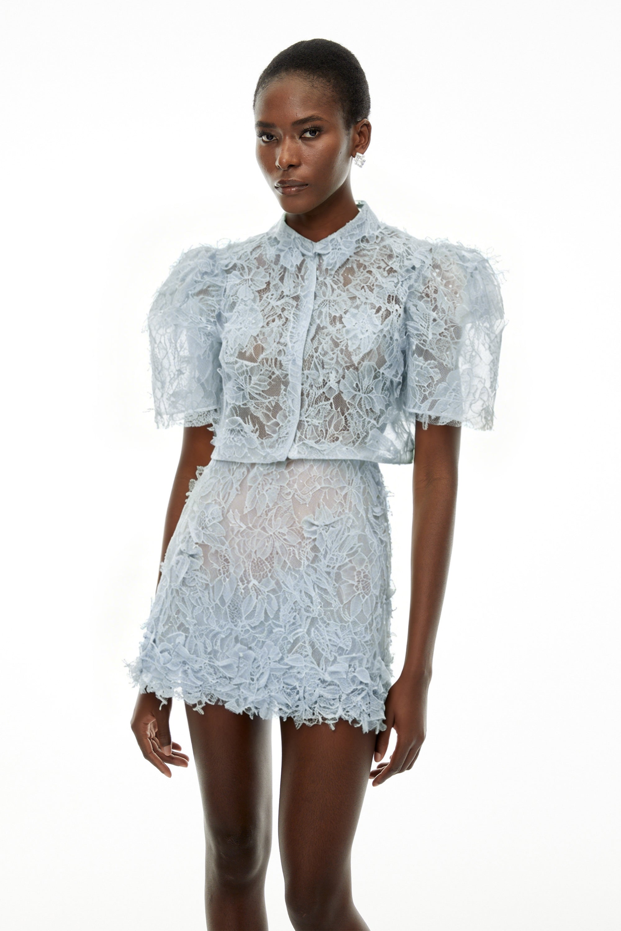 Nathalie Blue Floral Lace Top & Skirt Set