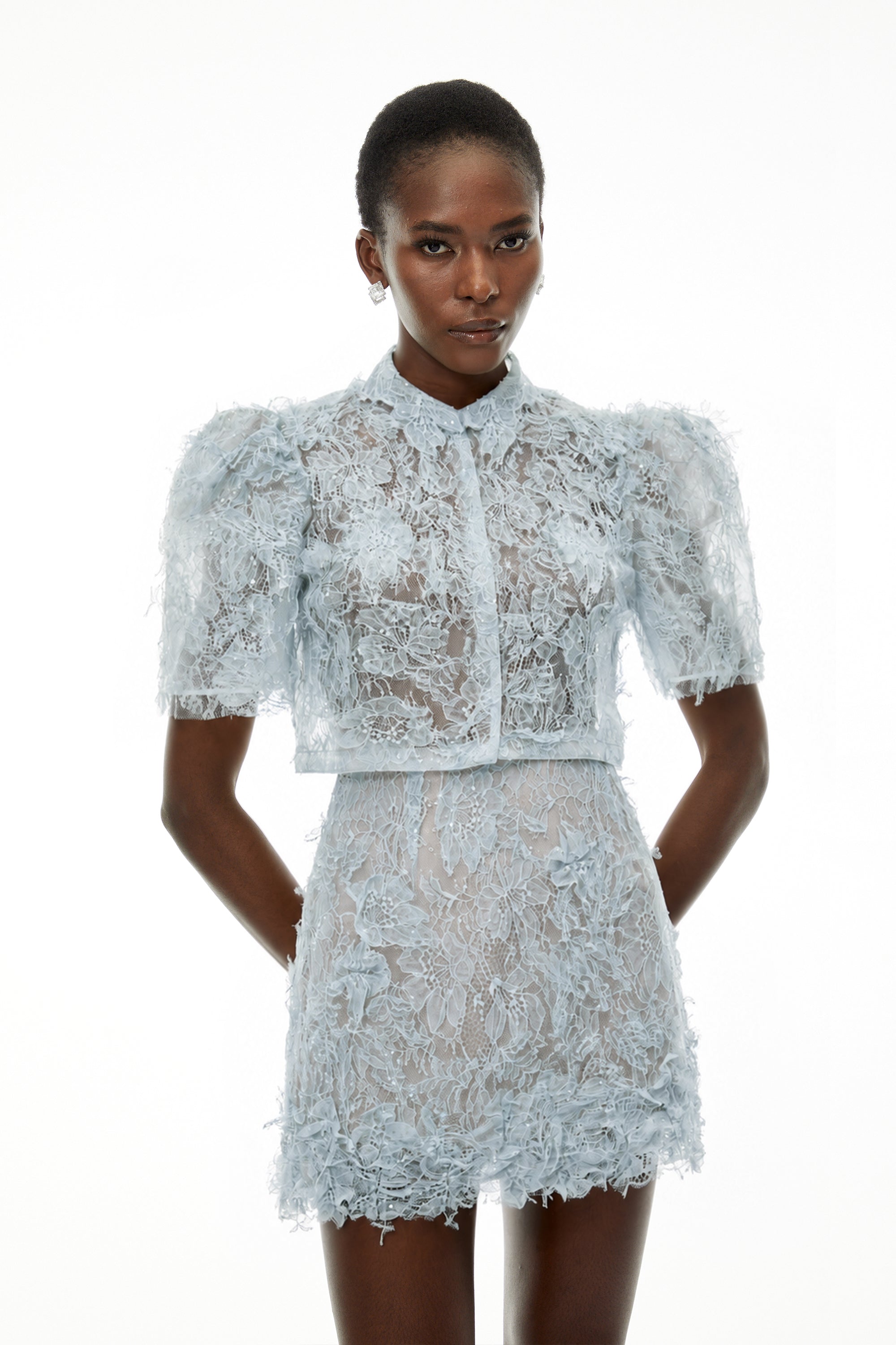 Nathalie Blue Floral Lace Top & Skirt Set